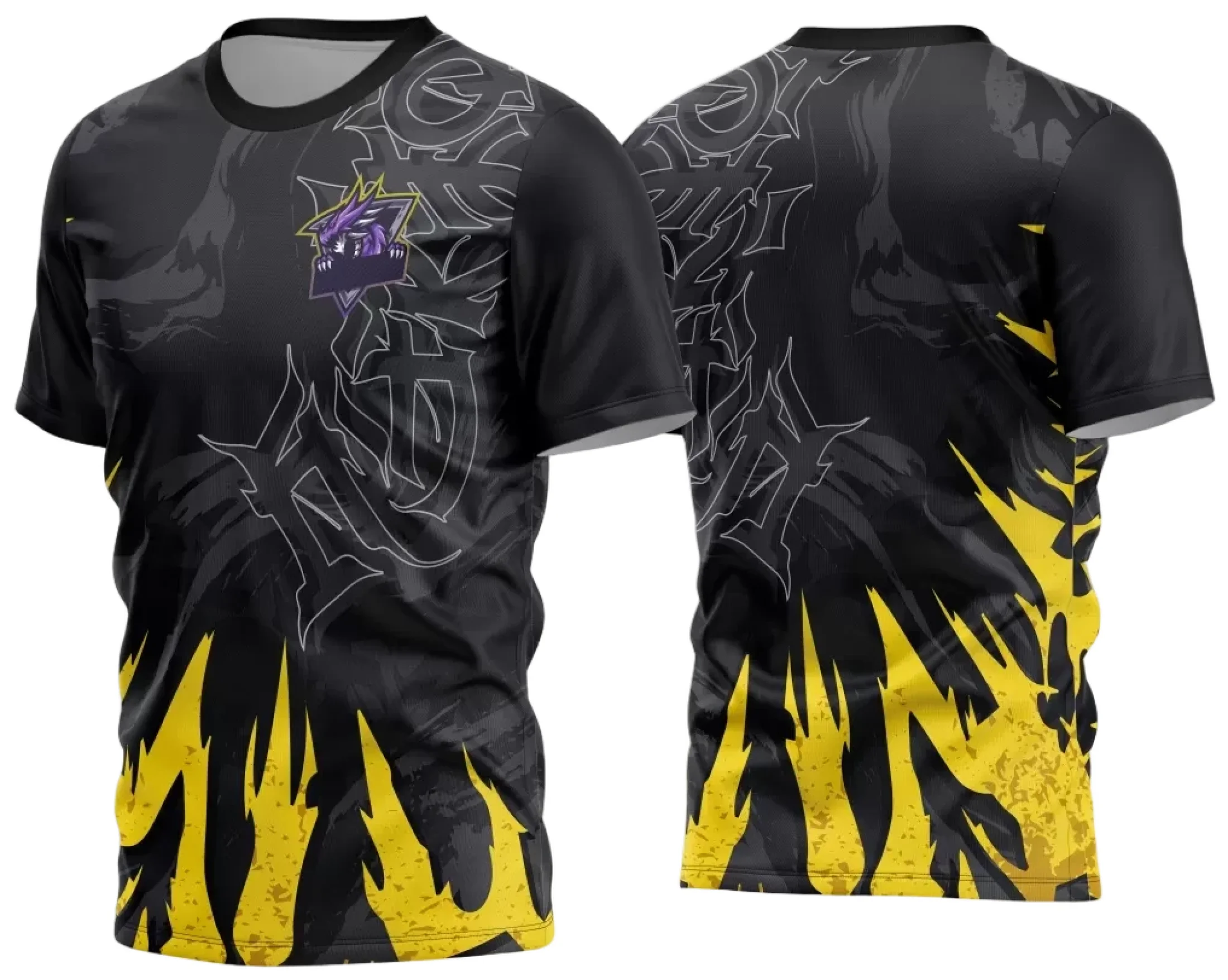 Camiseta unissex preta com logo no peito e estampa grande nas costas do tema Game 2024 - 2025, ideal para fãs e jogadores, visual moderno e marcante.