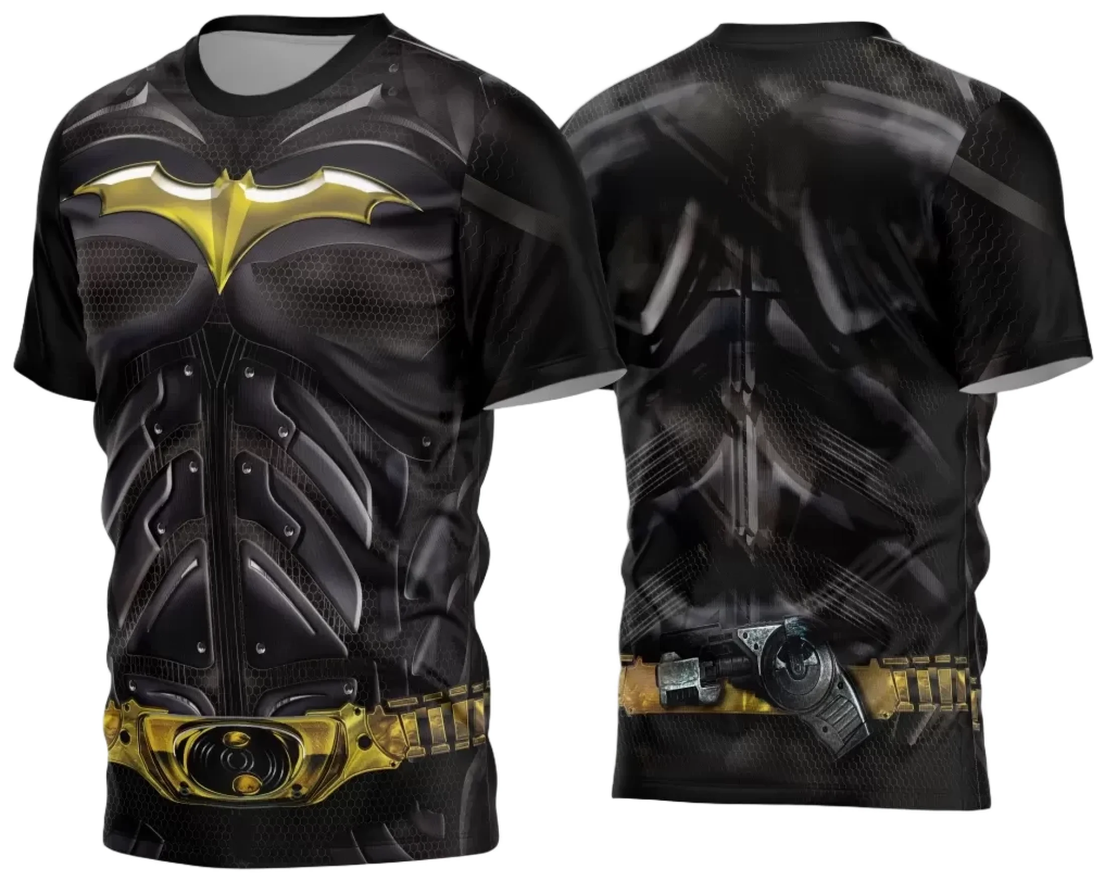Camiseta preta unissex com logo no peito e estampa grande nas costas inspirada em Batman, garantindo estilo e conforto para fãs do herói.