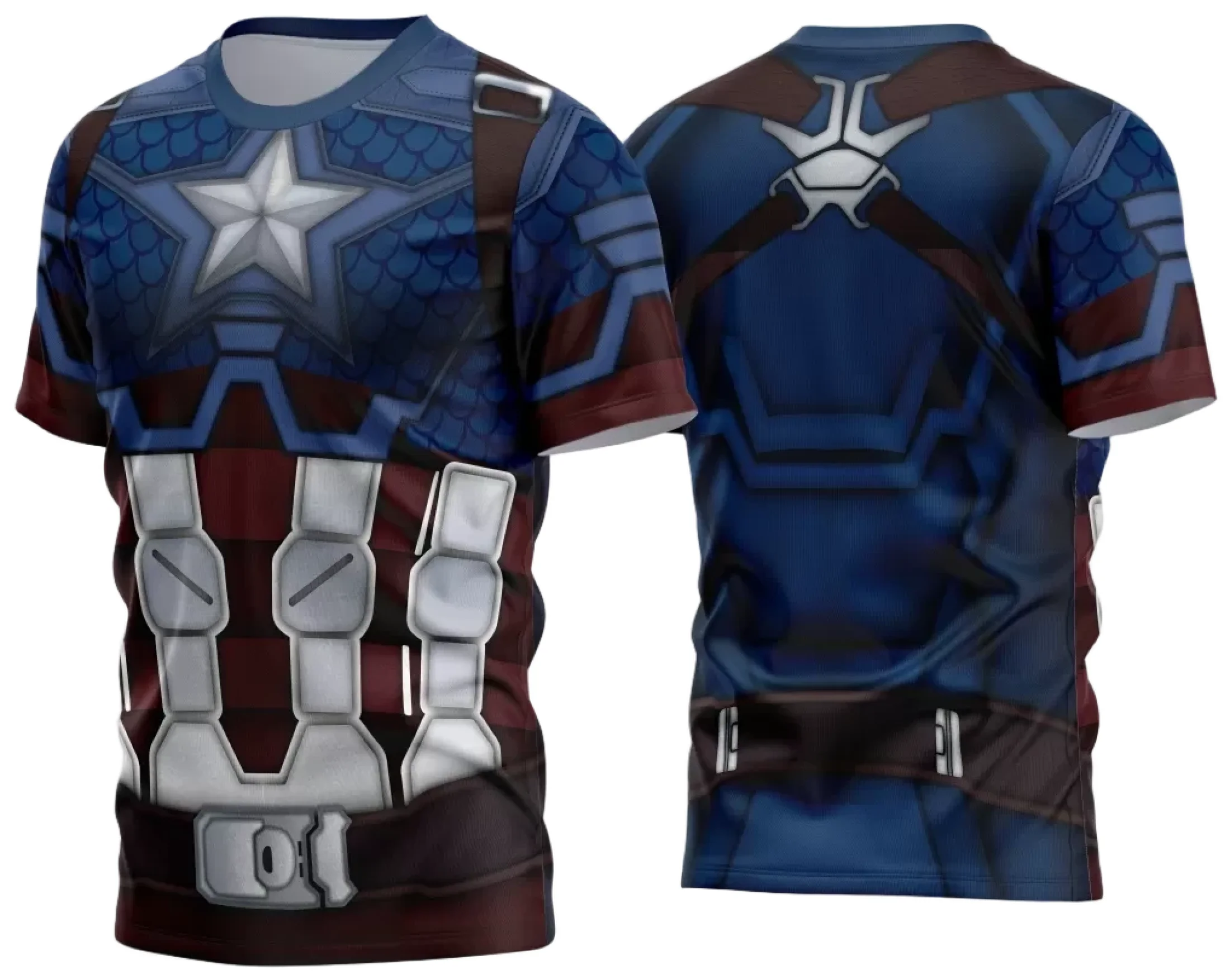 Camiseta unissex preta com logo no peito e estampa grande nas costas do Capitão América, estilo herói clássico em destaque vibrante para fãs do personagem.