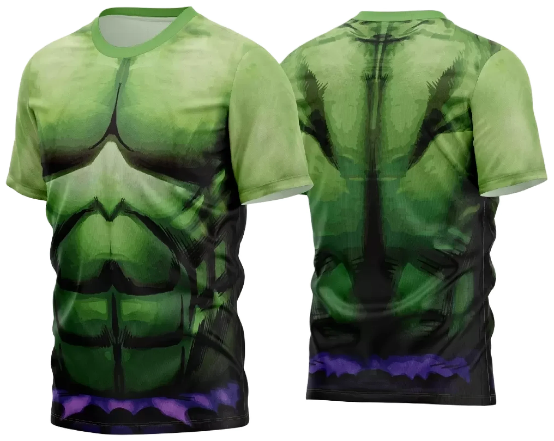 Camiseta unissex preta com logo no peito e estampa grande nas costas com tema do Hulk, design vibrante e detalhes fortes, ideal para fãs de heróis.