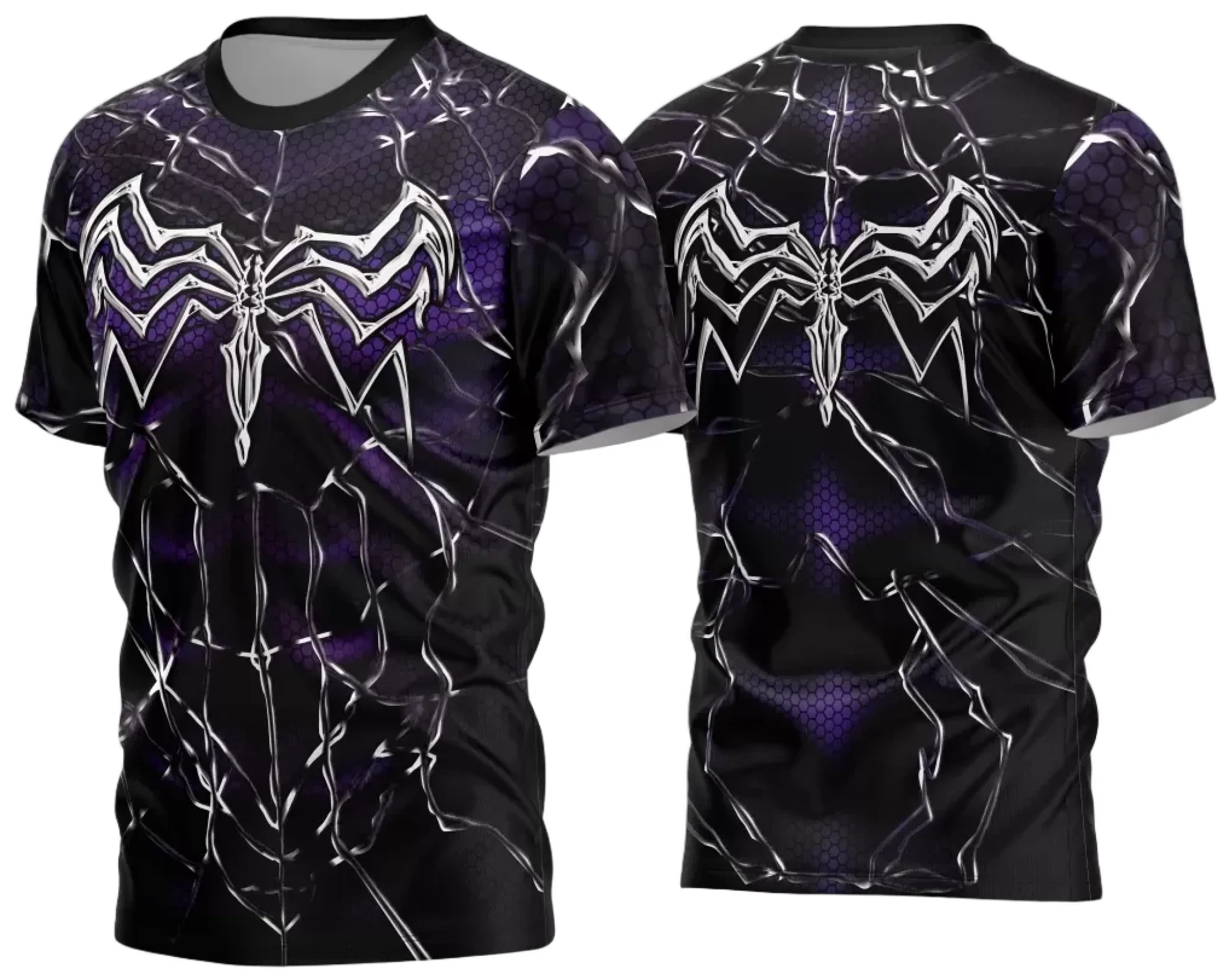 Camiseta unissex preta com logo no peito e estampa grande nas costas baseada no personagem Venom, ideal para fãs de heróis e estilo urbano.