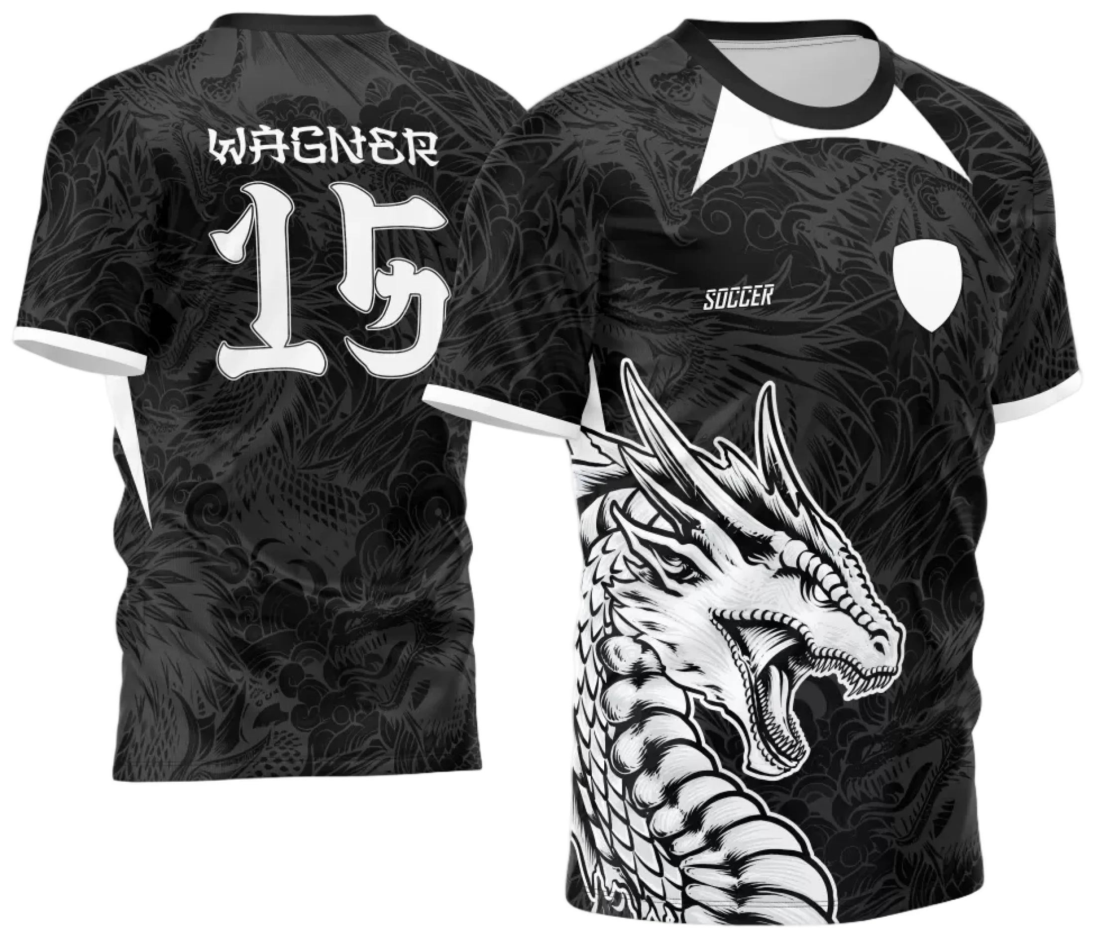 Camiseta unissex preta com logo no peito e estampa grande nas costas de dragão, tema InterClasse 2024, estilo moderno e vibrante para todas as ocasiões.