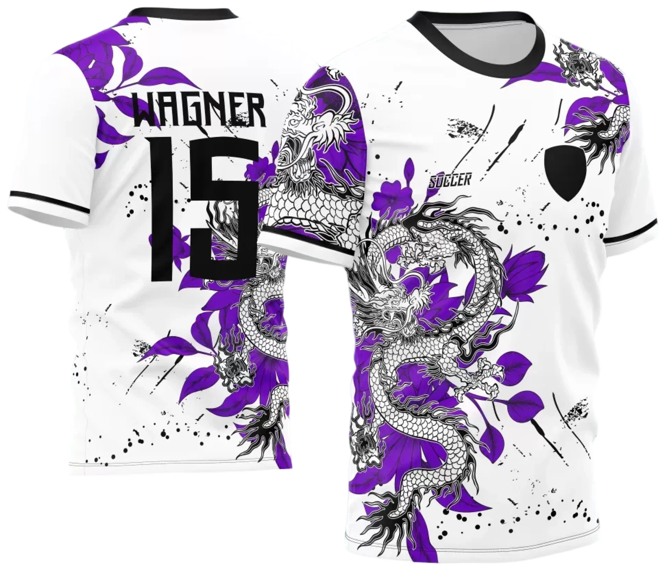 Camiseta unissex preta com logo no peito e estampa grande nas costas mostrando dragão poderoso, perfeita para o evento InterClasse 2024.