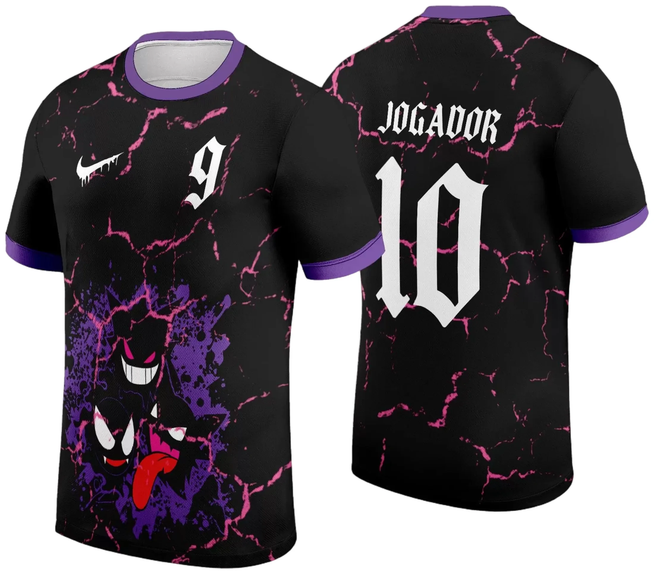 Camiseta unissex preta com logo no peito e estampa grande nas costas mostrando o personagem Gengar do InterClasse 2024, perfeita para fãs e eventos.