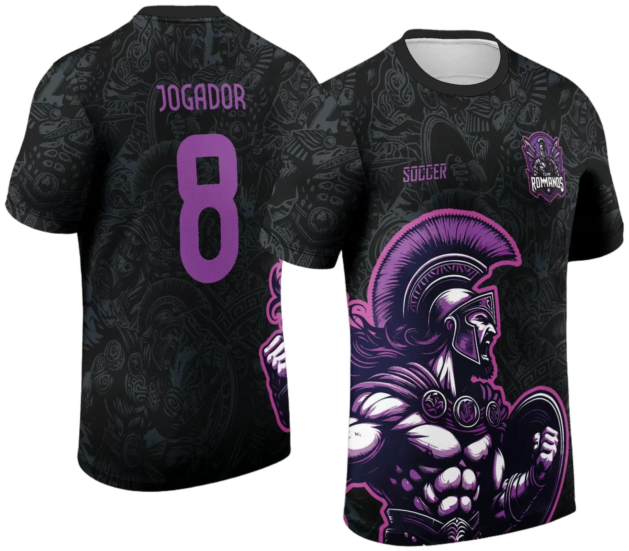 Camiseta unissex preta com logo no peito e estampa grande nas costas inspirada no tema INTERCLASSE 2024 Gladiador, estilo marcante para torcida e evento.