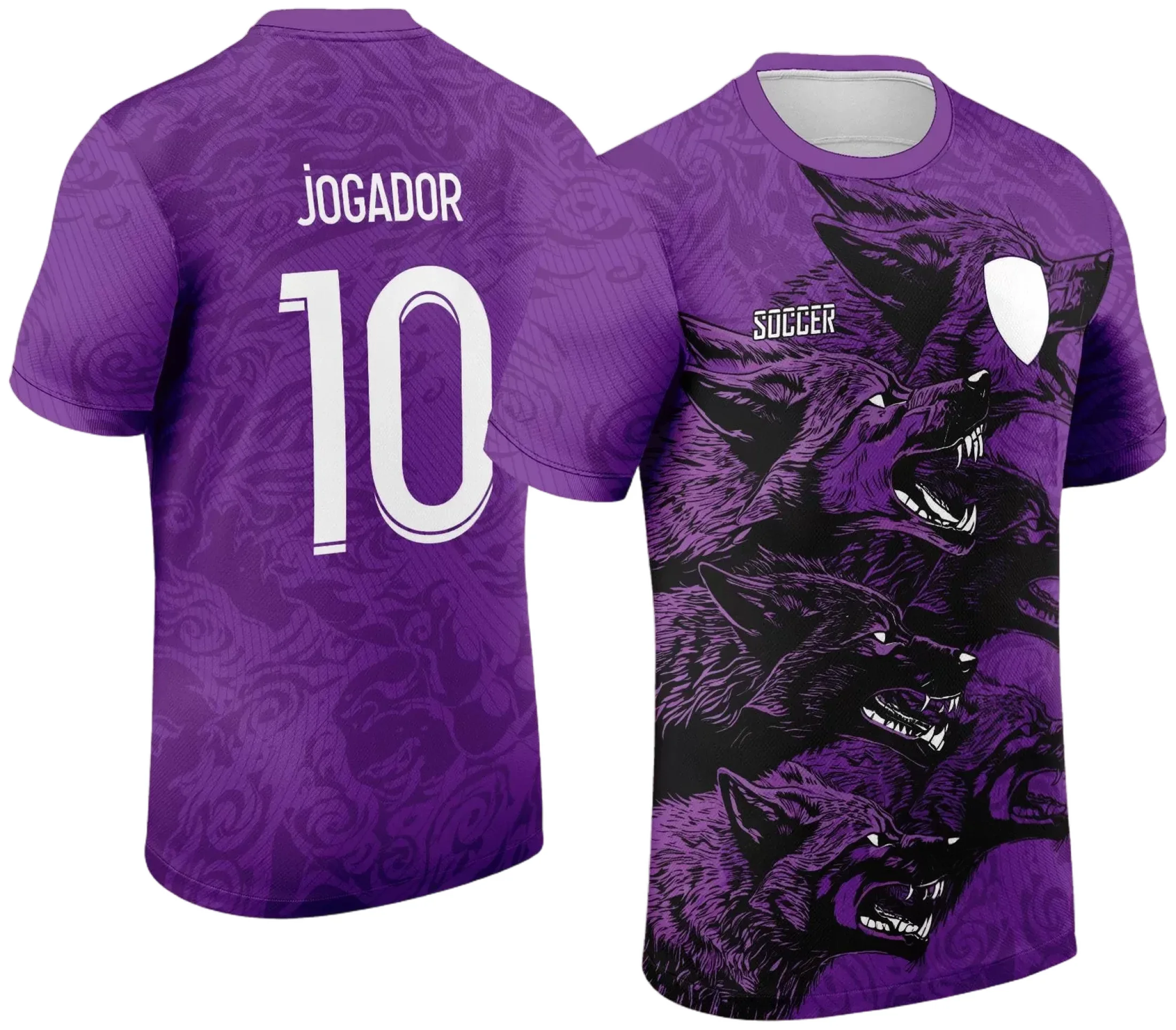 Camiseta unissex preta com logo no peito e estampa grande nas costas do tema Lobos Feroz, ideal para o evento Interclasse 2024, mostrando força e união em visual arrojado.
