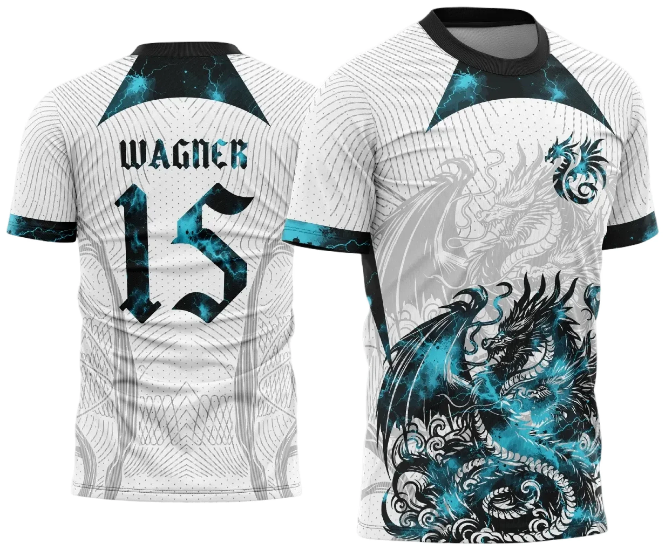 Camiseta unissex preta com logo no peito e estampa grande nas costas mostrando dragão verde, ideal para uso em eventos interclasse e times de competição.