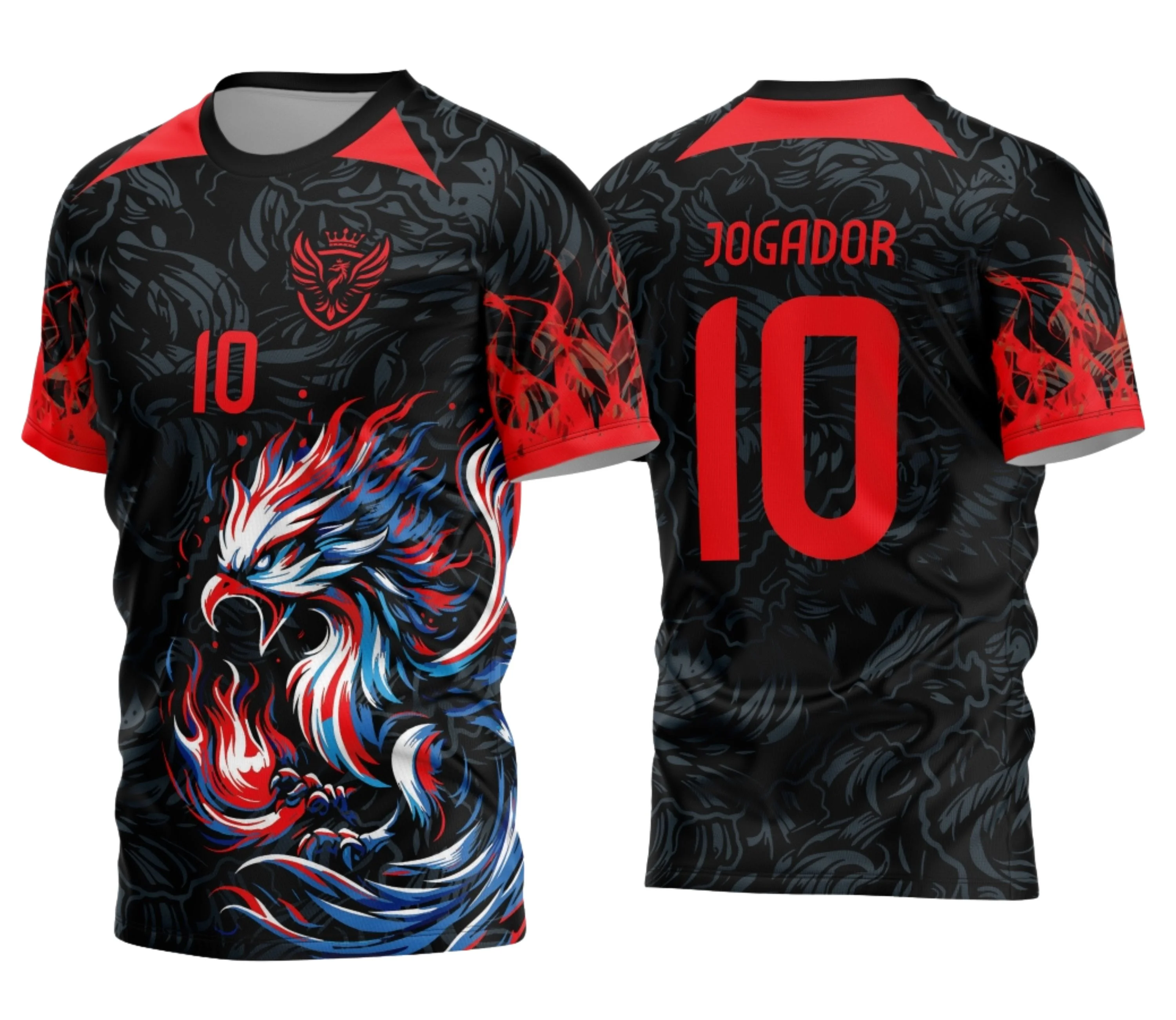 Camiseta unissex preta com logo no peito e estampa grande nas costas mostrando o símbolo Fênix em degrade vermelho, perfeita para quem busca destaque e estilo marcante.