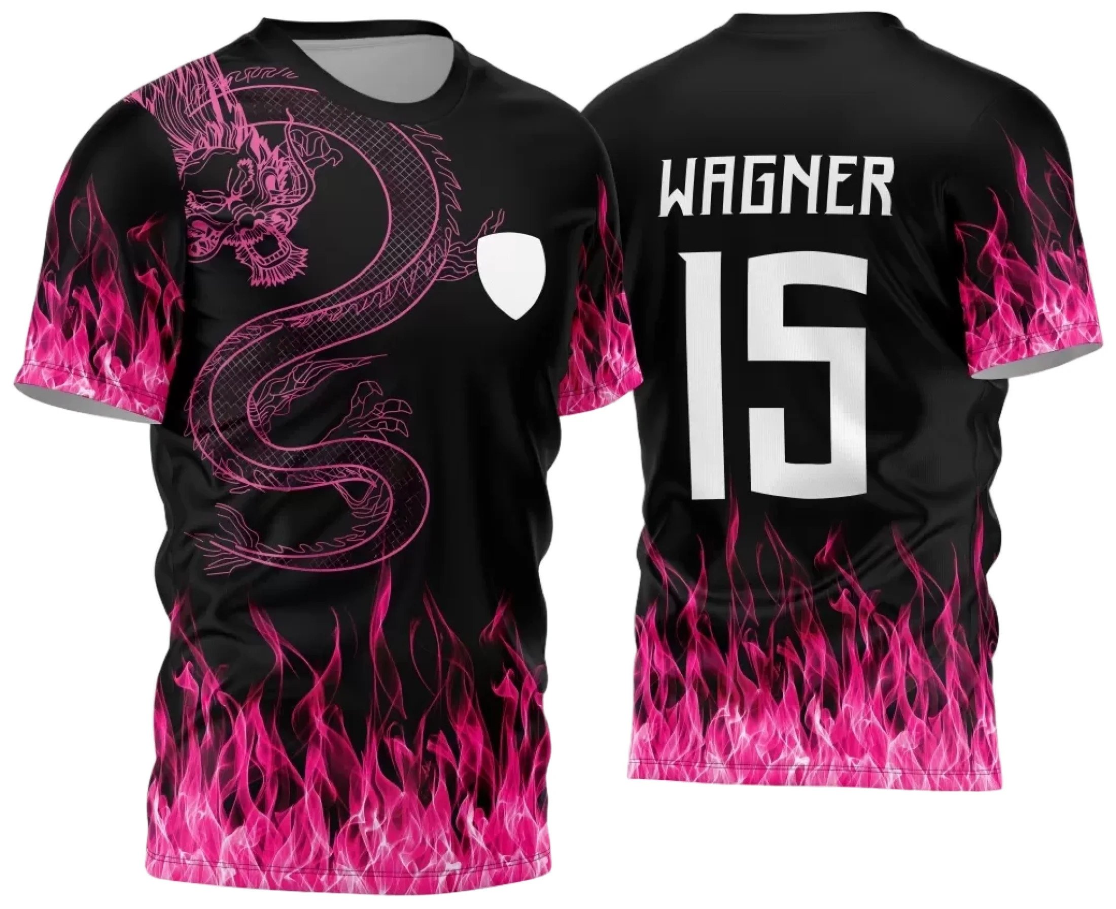 Camiseta unissex preta com logo no peito e estampa grande nas costas destacando o tema Dragão dos Jogos Internos Interclasse 2024 em um estilo vibrante e marcante.