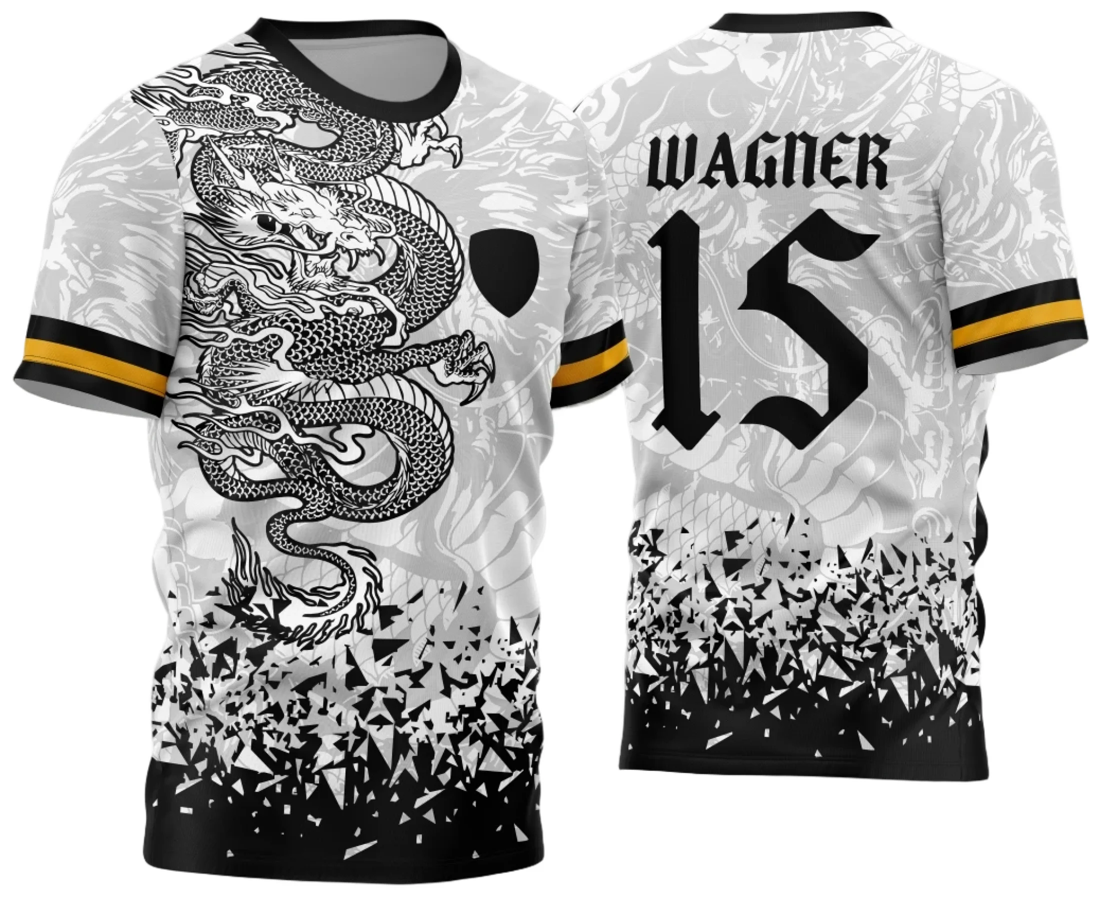 Camiseta unissex preta com logo no peito e estampa grande nas costas, tema Dragão Branco dos Jogos Internos Interclasse 2024, visual moderno e esportivo.