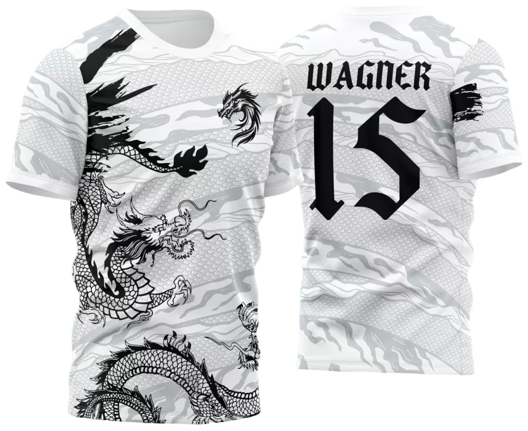 Camiseta unissex preta com logo no peito e estampa grande nas costas mostrando Dragão Branco dos Jogos Internos Interclasse 2024, ideal para eventos escolares e esportivos.