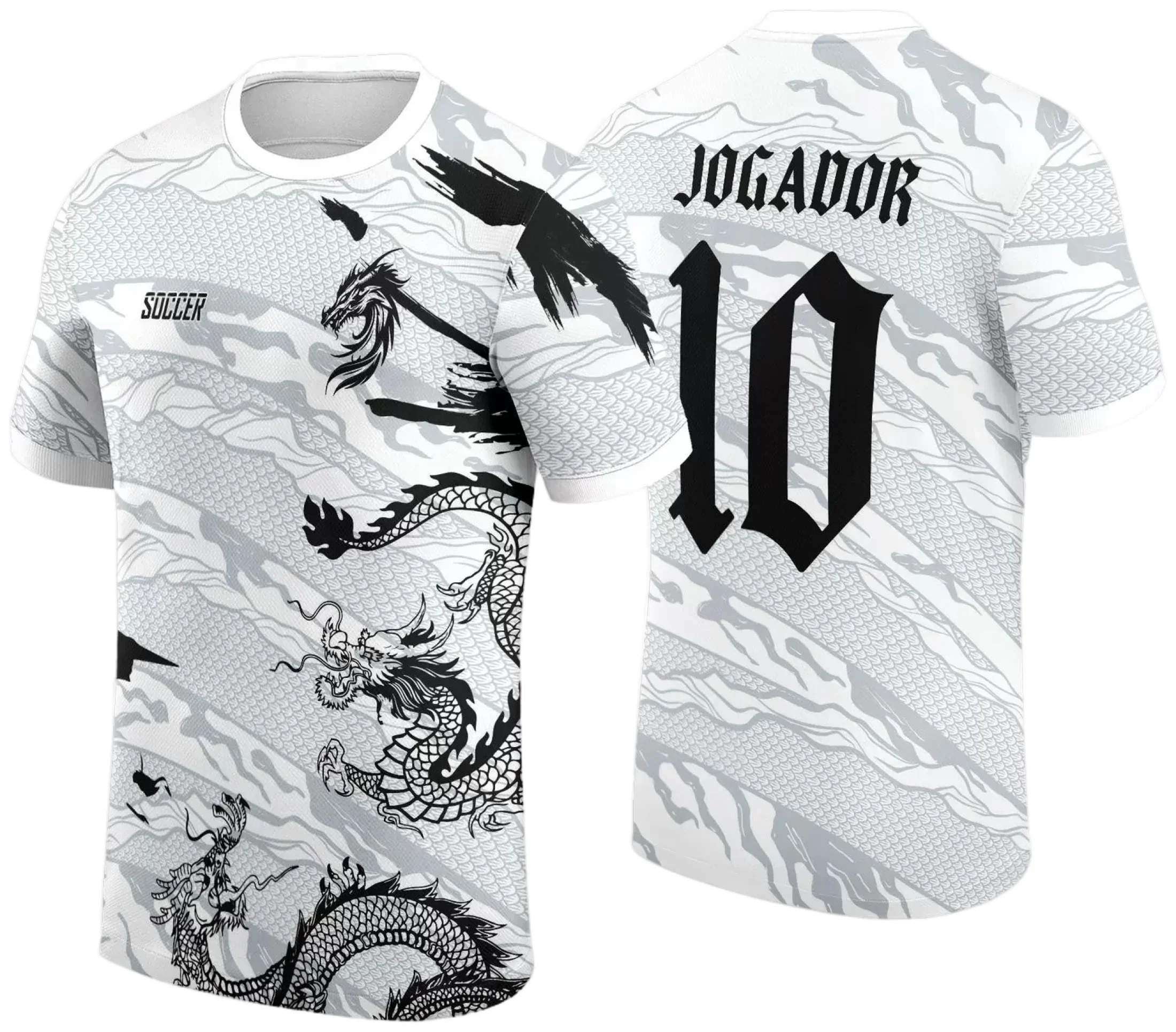Camiseta unissex preta com logo no peito e estampa grande nas costas inspirada no Dragão Branco para Jogos Internos Interclasse 2024.