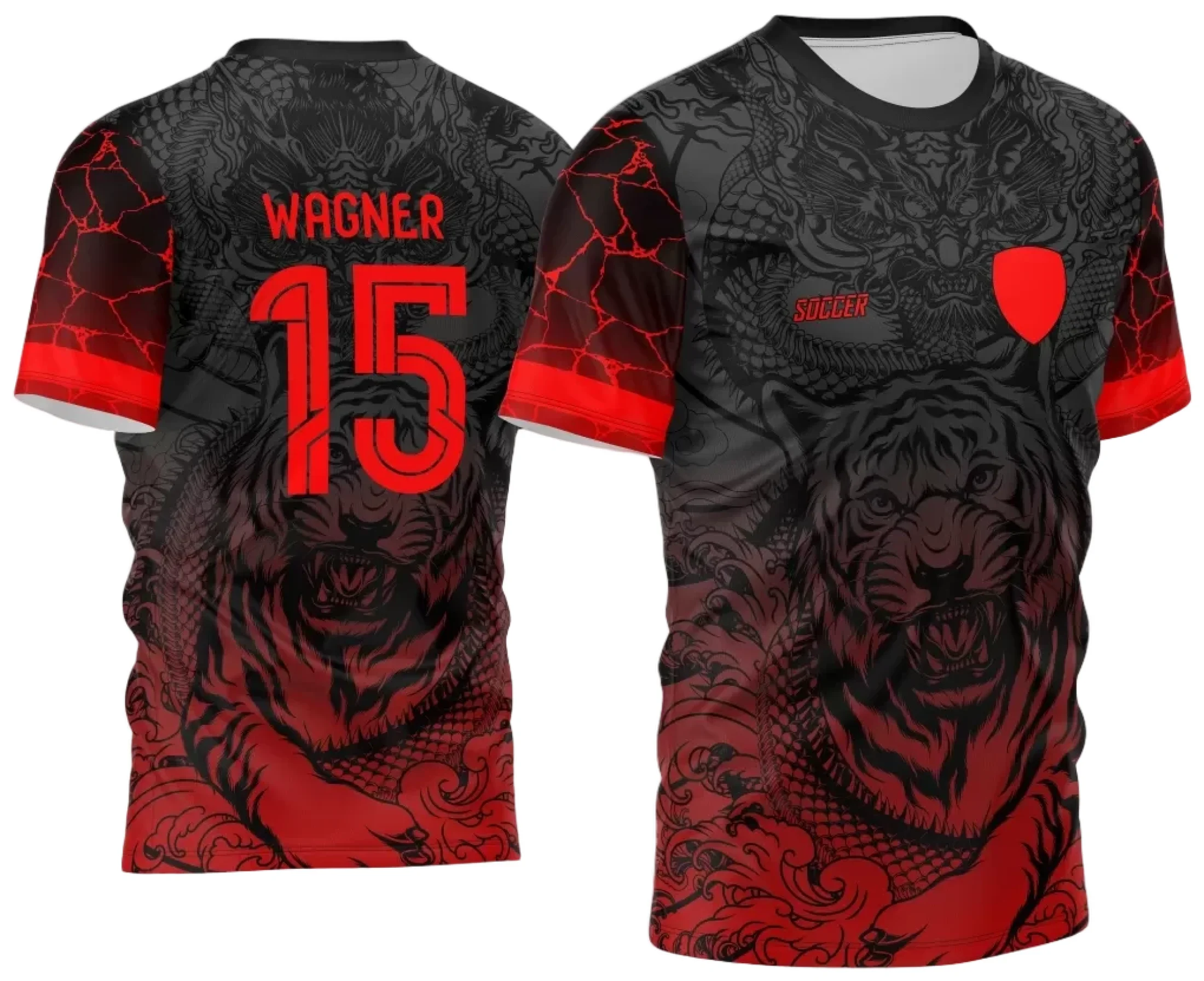 Camiseta unissex preta com logo no peito e estampa grande nas costas com tema Dragão e Tigre dos Jogos Internos 2024 - Interclasse.