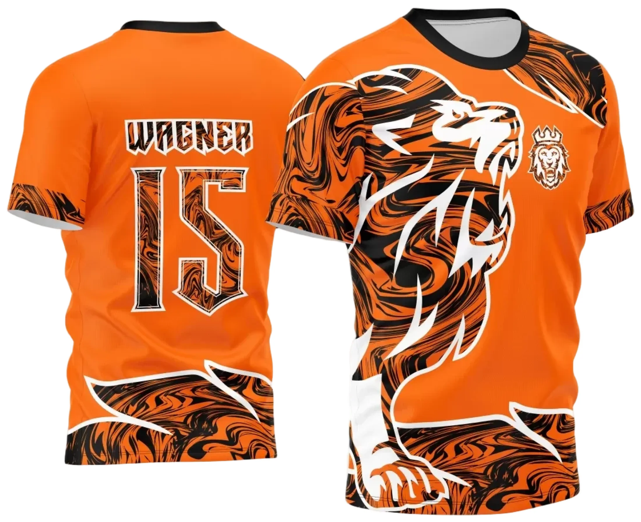 Camiseta unissex preta com logo no peito e estampa grande nas costas do InterClasse Leão 2024 em tons laranja vibrante, ideal para torcedores e colecionadores.