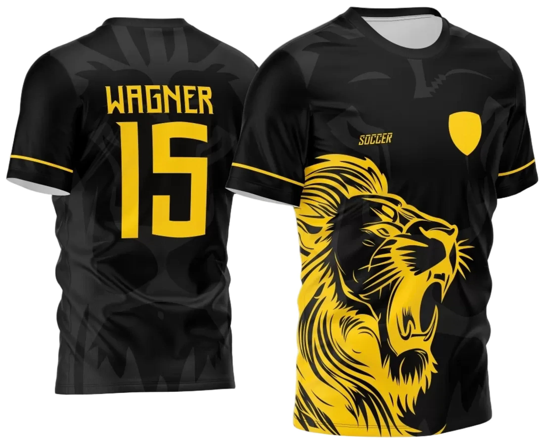 Camiseta unissex preta com logo no peito e estampa grande nas costas do Leão Amarelo 2024, perfeita para torcer com estilo e conforto no Interclasse.