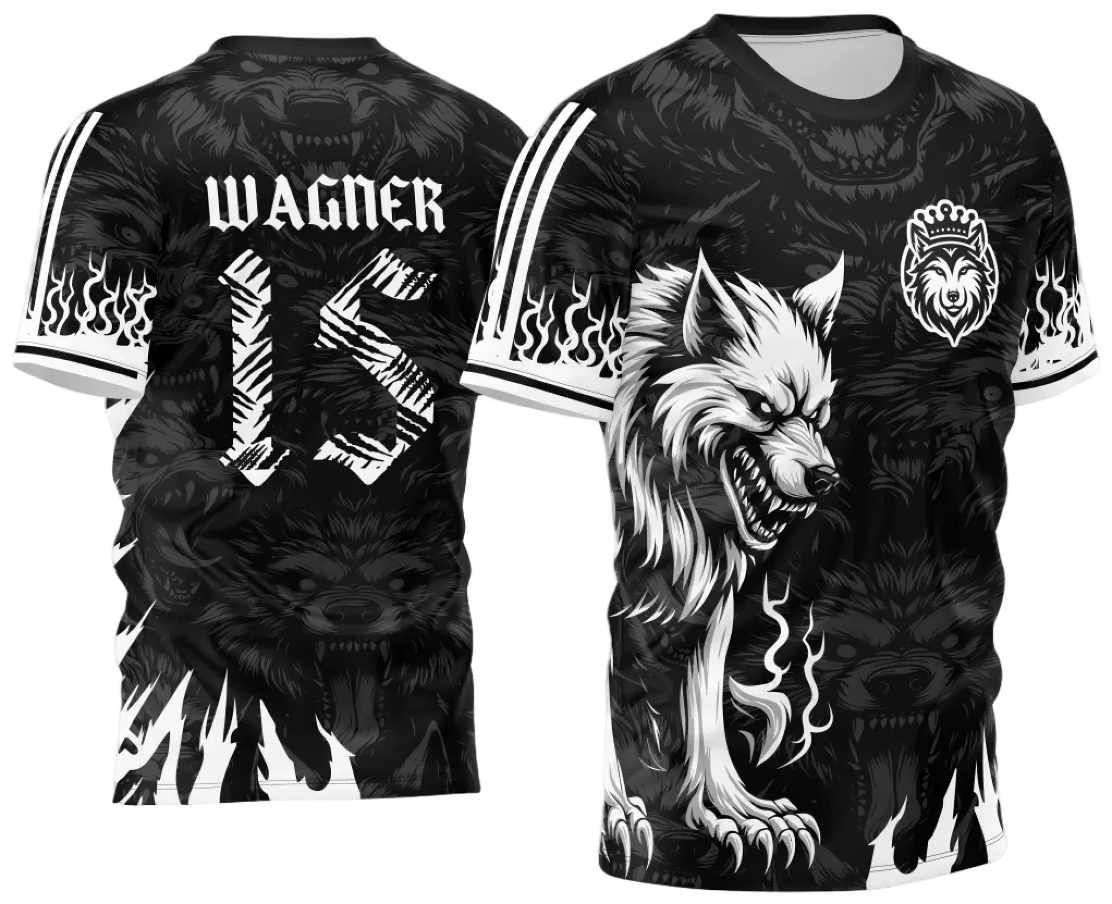 Foto de camiseta unissex preta com logo no peito e estampa grande nas costas mostrando um lobo assustador em preto e branco, ideal para eventos interclasse 2024.