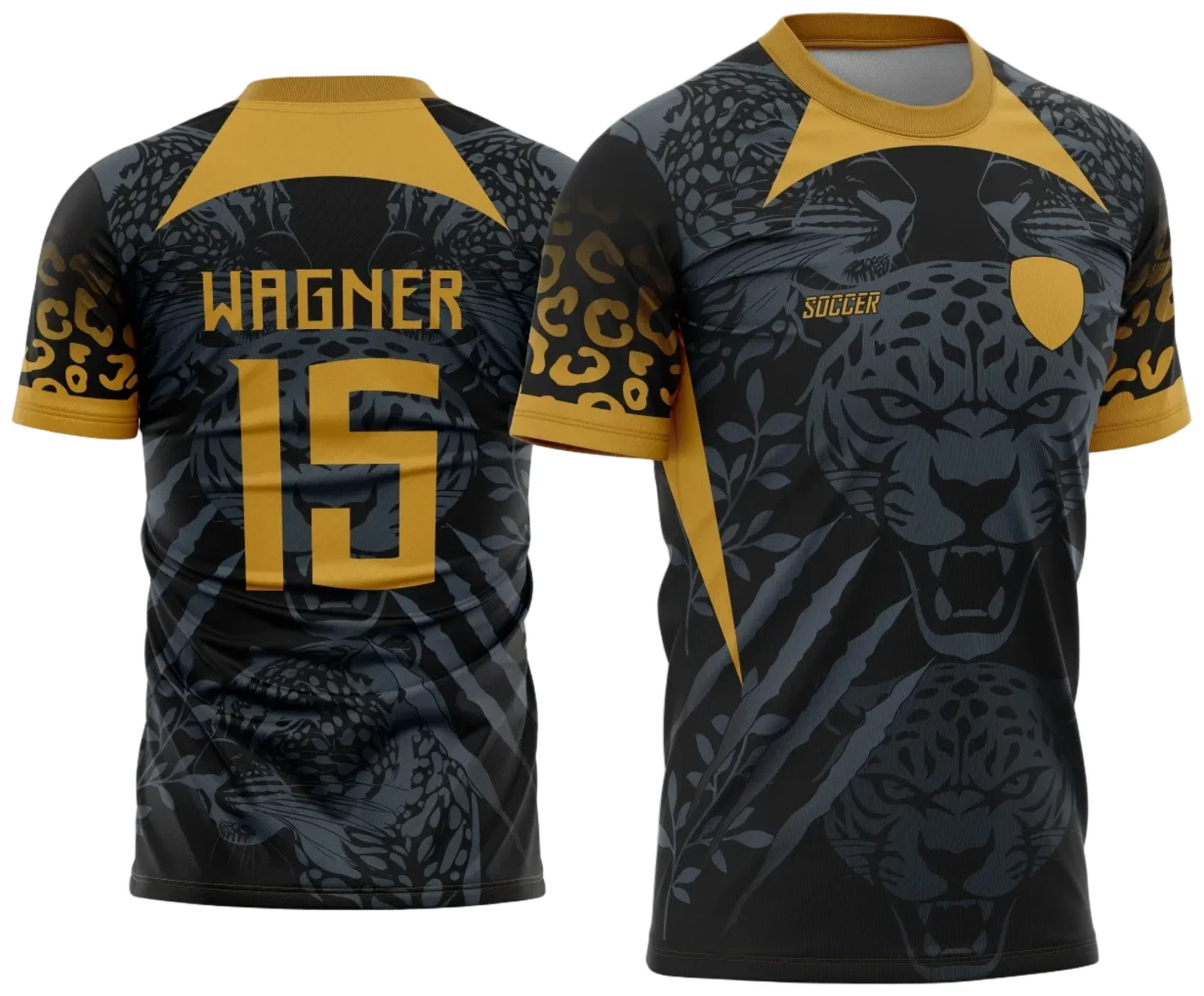 Camiseta unissex preta com logo no peito e estampa grande nas costas de onça pintada em estilo moderno e vibrante, perfeita para torcida interclasse.