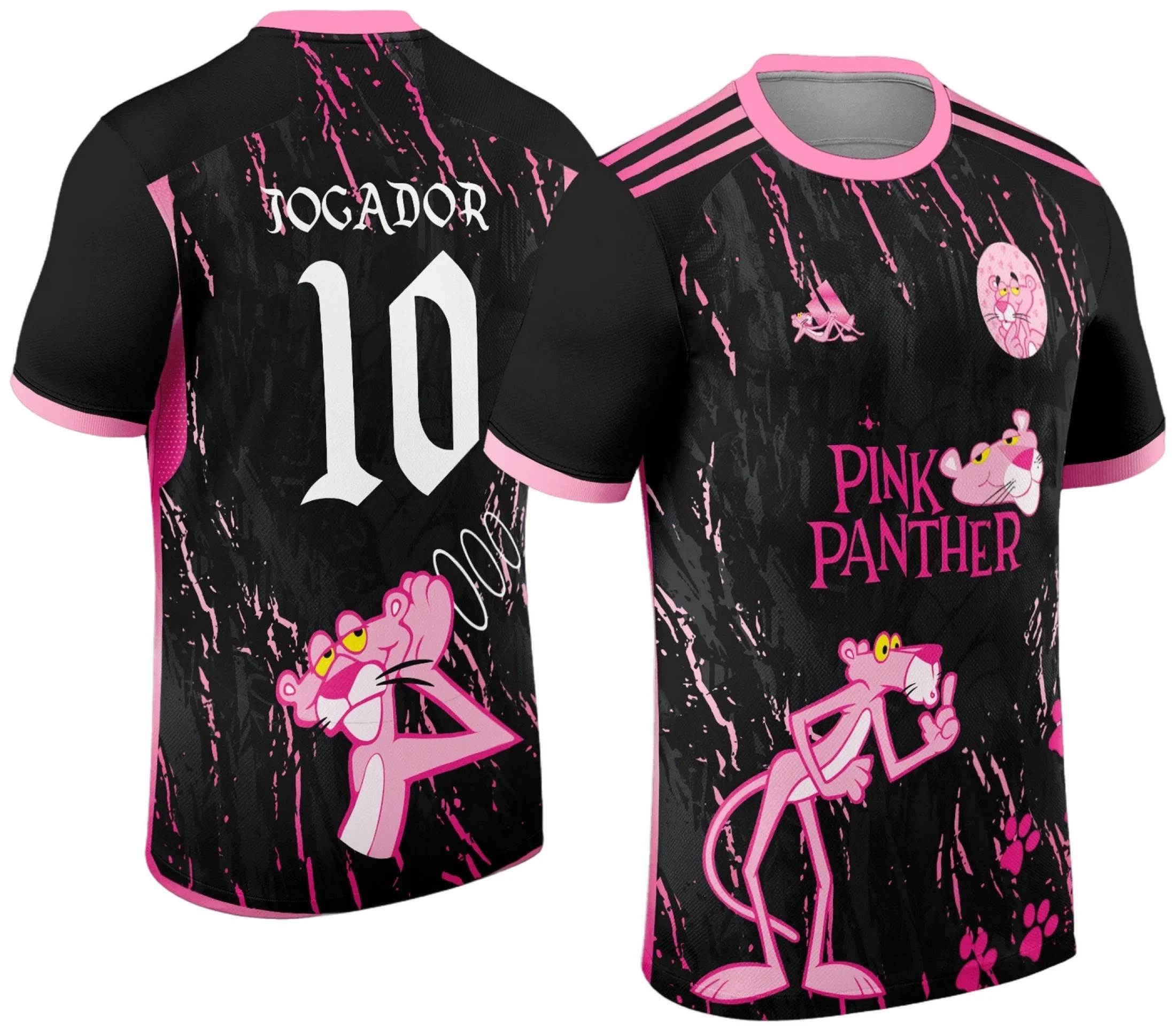 Camiseta unissex preta com logo no peito e estampa grande nas costas, com tema Interclasse Pantera Cor de Rosa Desenho 2024, ideal para eventos ou uso casual.