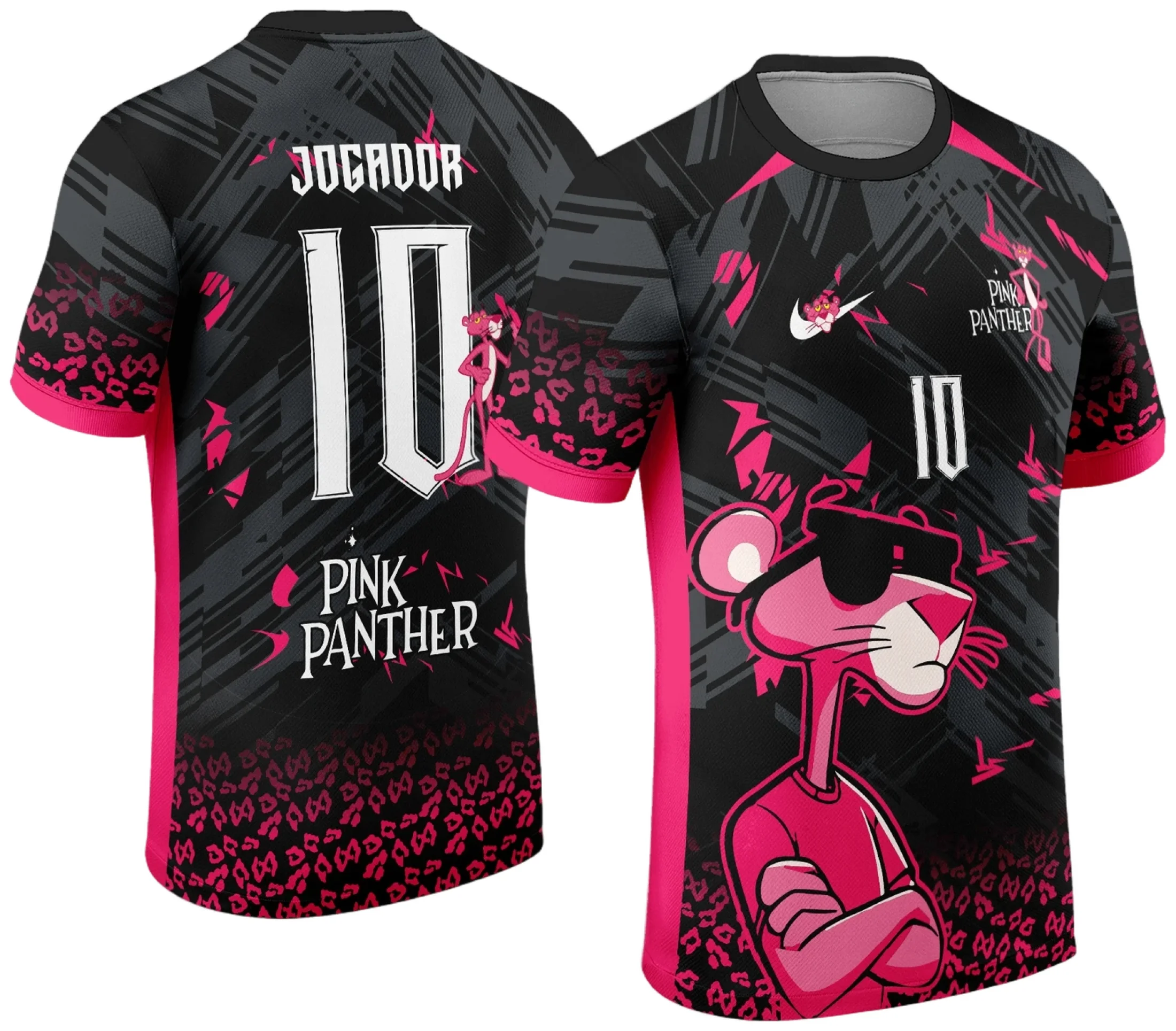 Camiseta unissex preta com logo no peito e estampa grande nas costas da Pantera Cor de Rosa no estilo Interclasse, perfeita para fãs e eventos escolares.