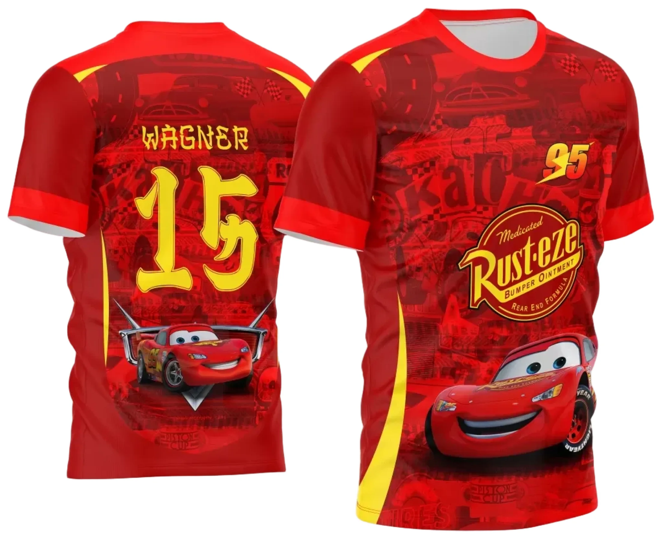 Camiseta unissex preta com logo no peito e estampa grande nas costas mostrando o tema Interclasse Relâmpago Mcqueen, ideal para festas e eventos escolares ou de times.