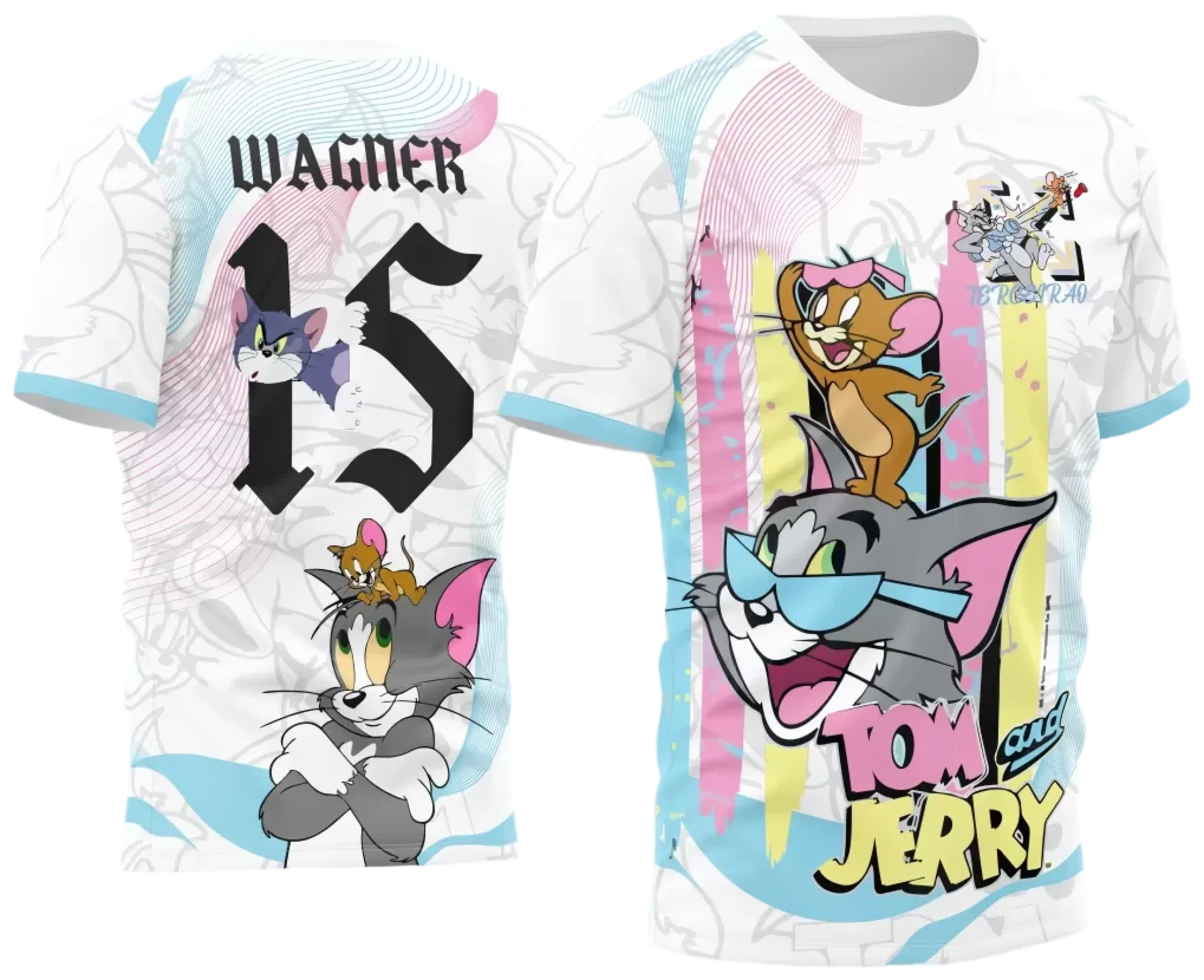 Camiseta unissex preta com logo no peito e estampa grande nas costas com tema Tom e Jerry para evento interclasse, perfeita para quem busca estilo e conforto.