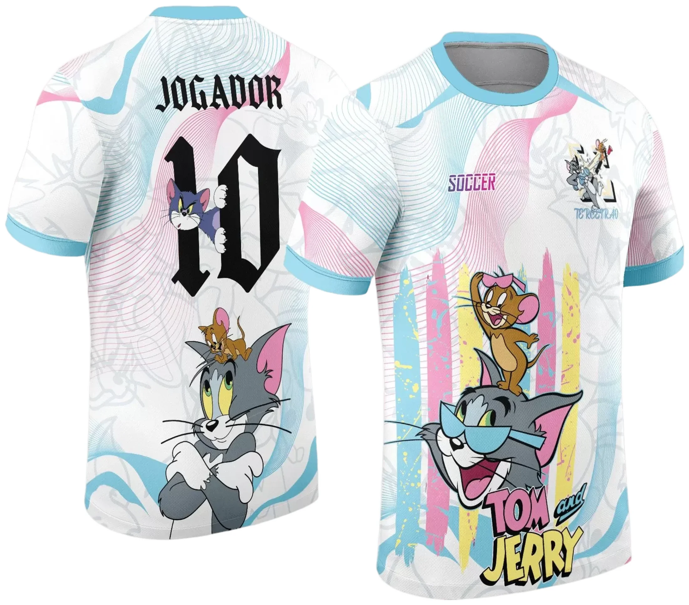 Camiseta unissex preta com logo no peito e estampa grande nas costas com tema Tom e Jerry, ideal para fãs do desenho e eventos interclasse.