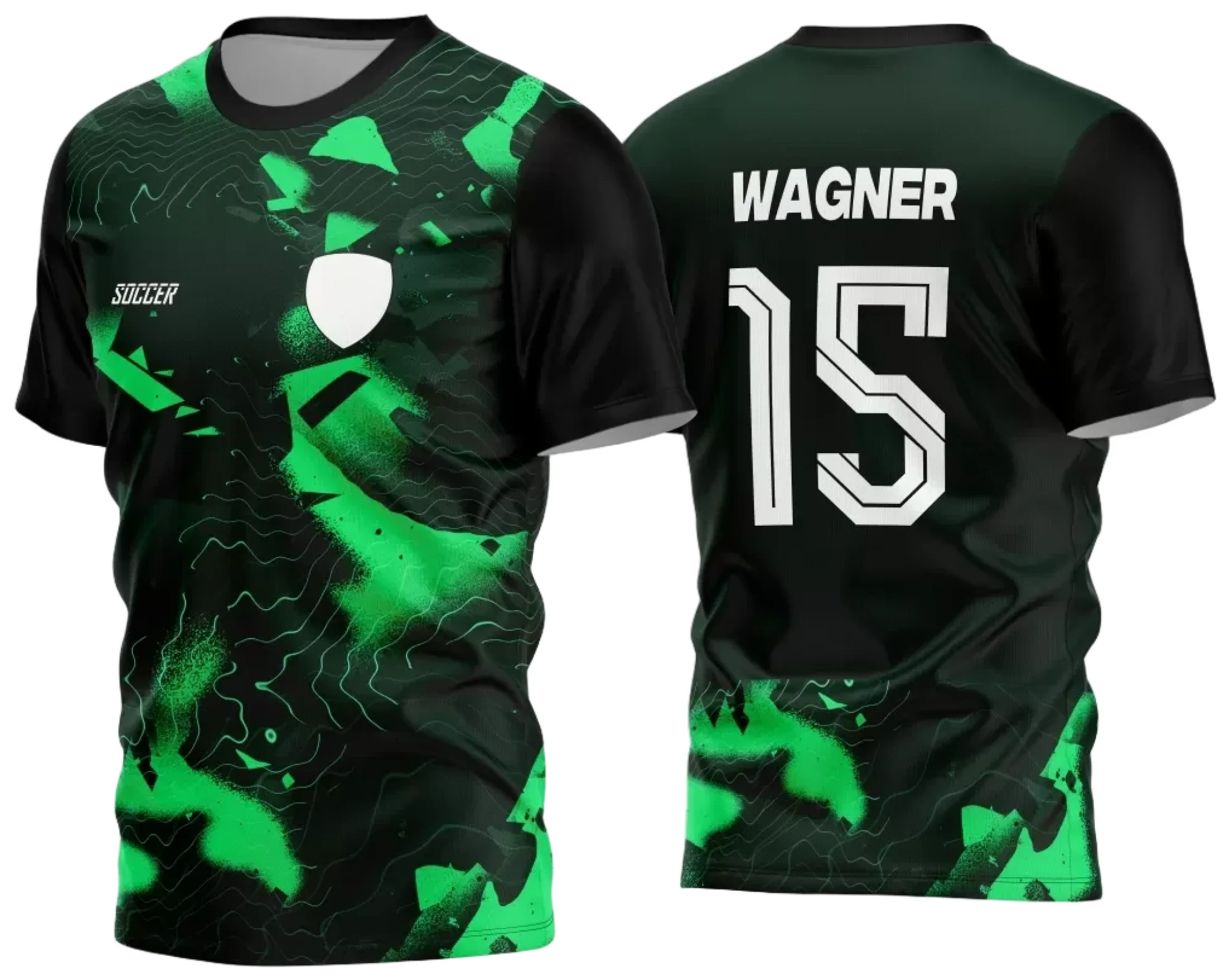 Camisa jersey unissex preta com logo no peito e estampa grande nas costas com tema Time Amador 2024, perfeita para torcer com estilo e conforto.