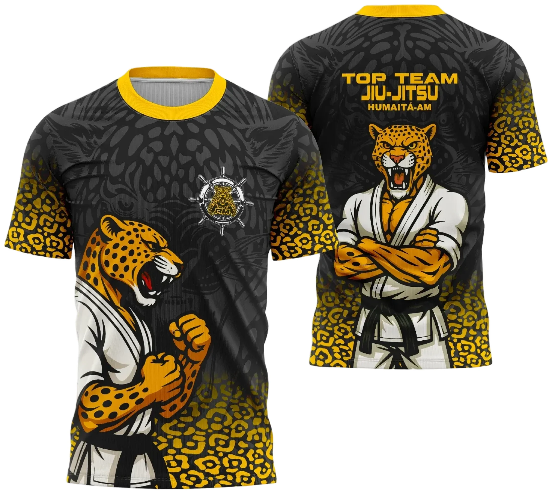 Camiseta unissex preta com logo no peito e estampa grande nas costas inspirada em Jiu Jitsu 2025, design moderno e estilo marcante, ideal para fãs do esporte.