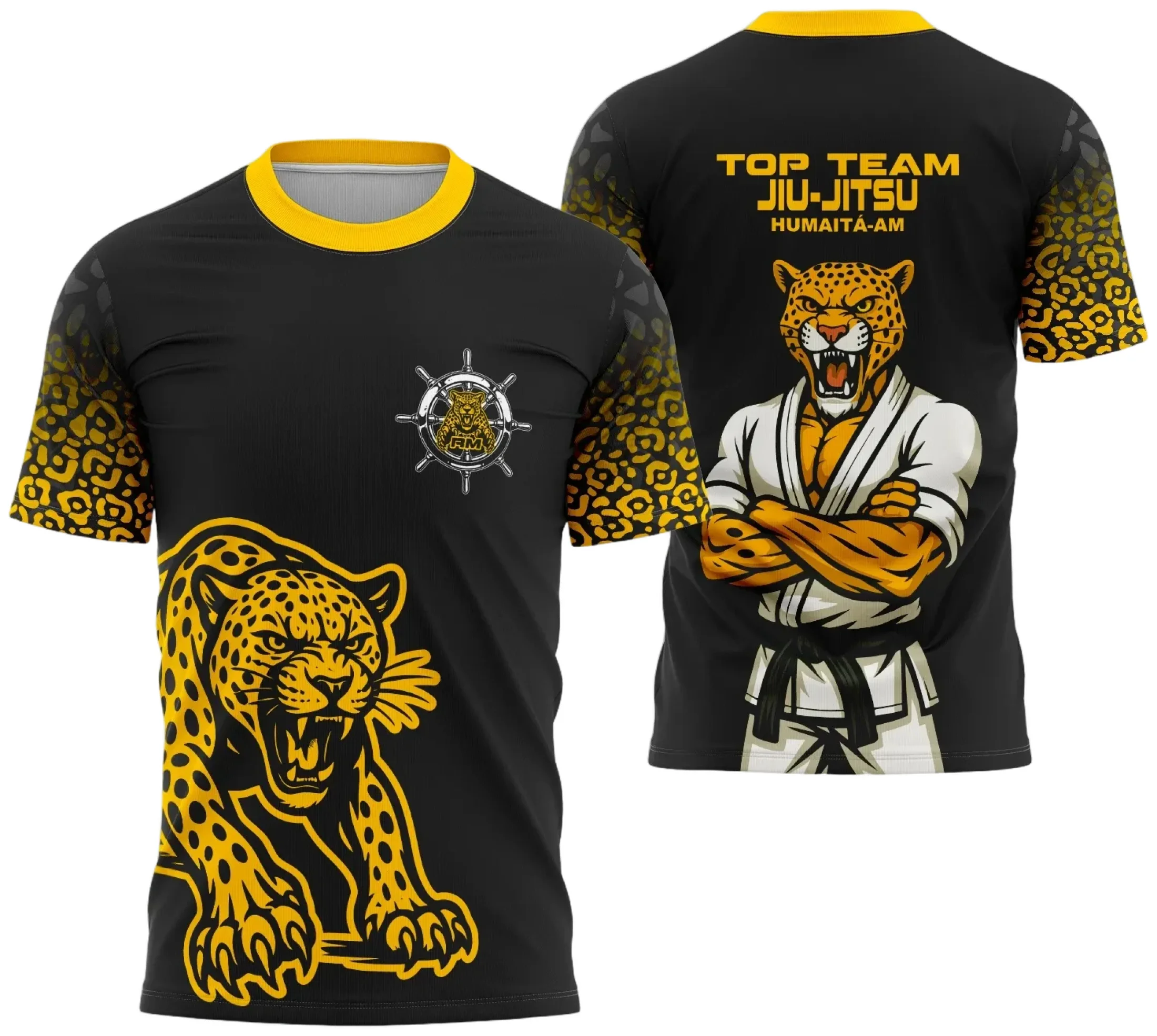 Camiseta preta unissex com logo no peito e estampa grande nas costas com o tema Jiu Jitsu 2025, design moderno e esportivo, perfeita para fãs da arte marcial.