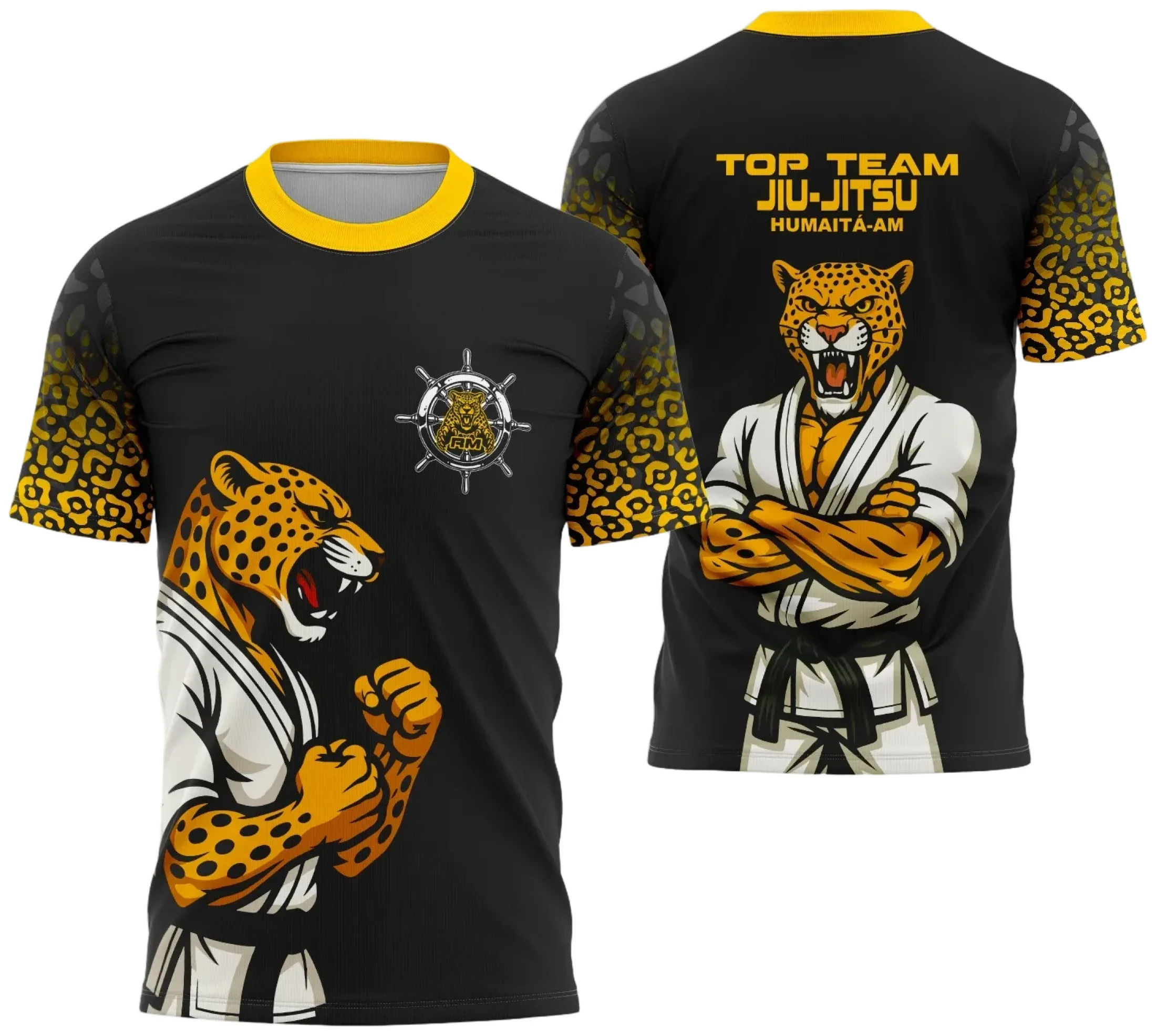Camiseta unissex preta com logo no peito e estampa grande nas costas inspirada em Jiu Jitsu 2025, mostrando design moderno e impactante para quem pratica o esporte.