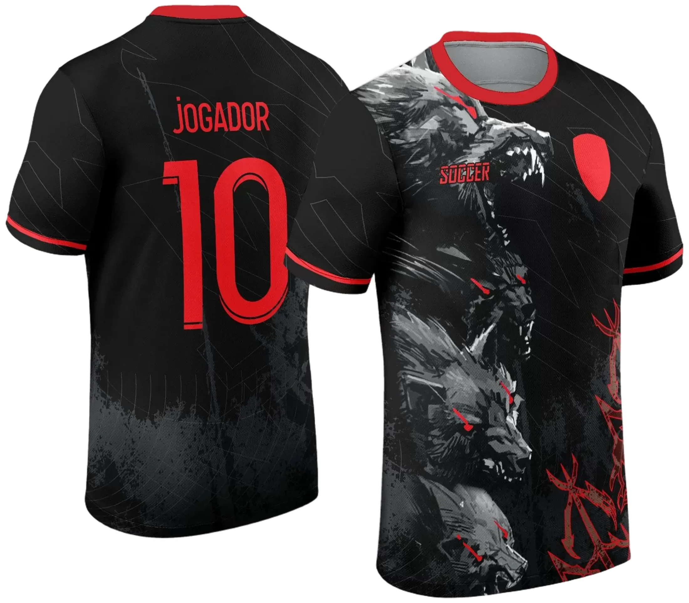 Camiseta unissex preta com logo no peito e estampa grande nas costas mostrando lobos assustadores e sombrios em estilo 2024, perfeita para quem curte um visual impactante.