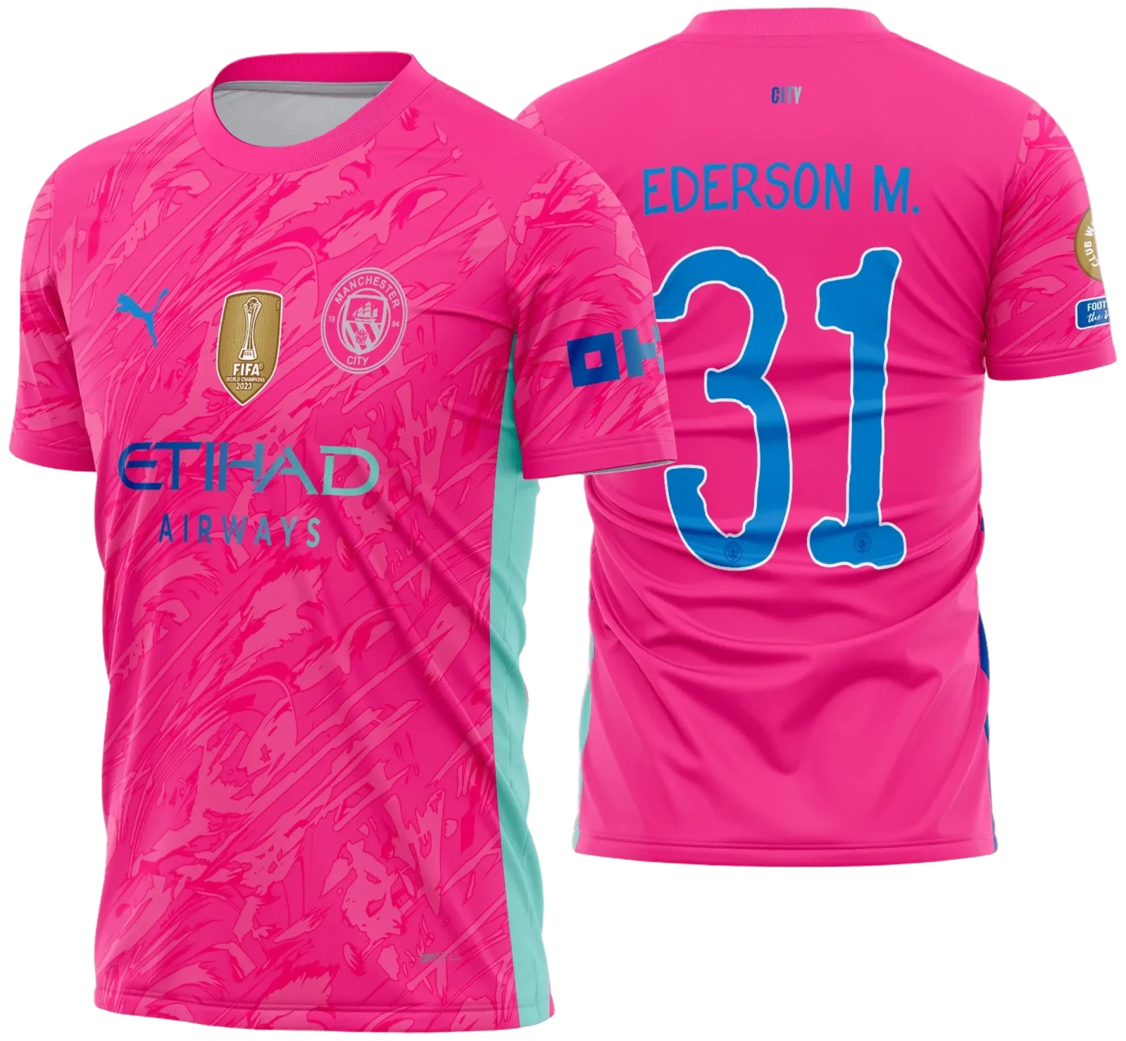 Camiseta unissex preta com logo no peito e estampa grande nas costas do Manchester City Goleiro 2025 2026, perfeita para fãs que querem estilizar seu visual.