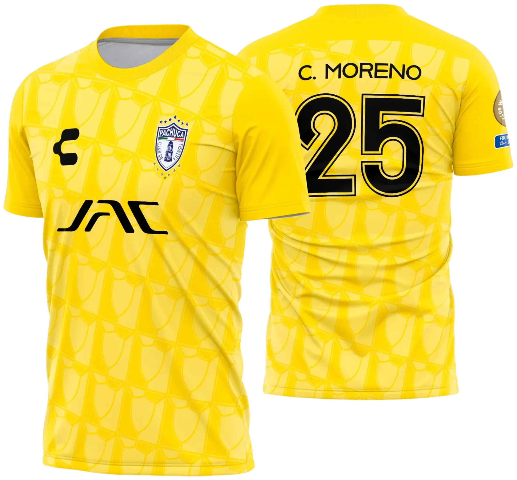 Camiseta unissex preta com logo no peito e estampa grande nas costas mostrando design do Pachuca goleiro 2025-2026 com detalhes modernos, perfeita para fãs que querem estilo e conforto.
