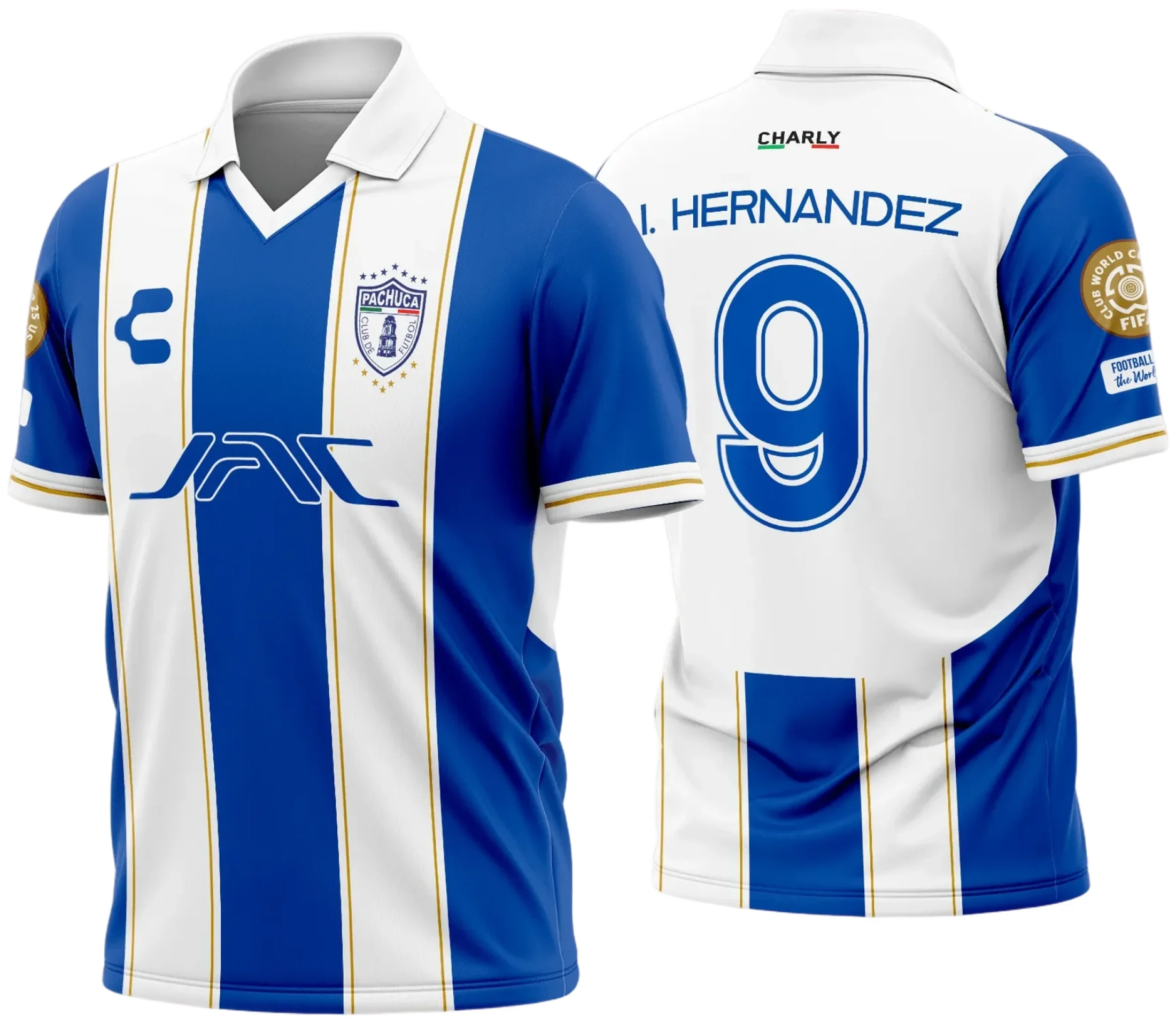 Camiseta unissex preta com logo no peito e estampa grande nas costas do Pachuca Titular 2025 2026, design moderno e impactante para torcedores.