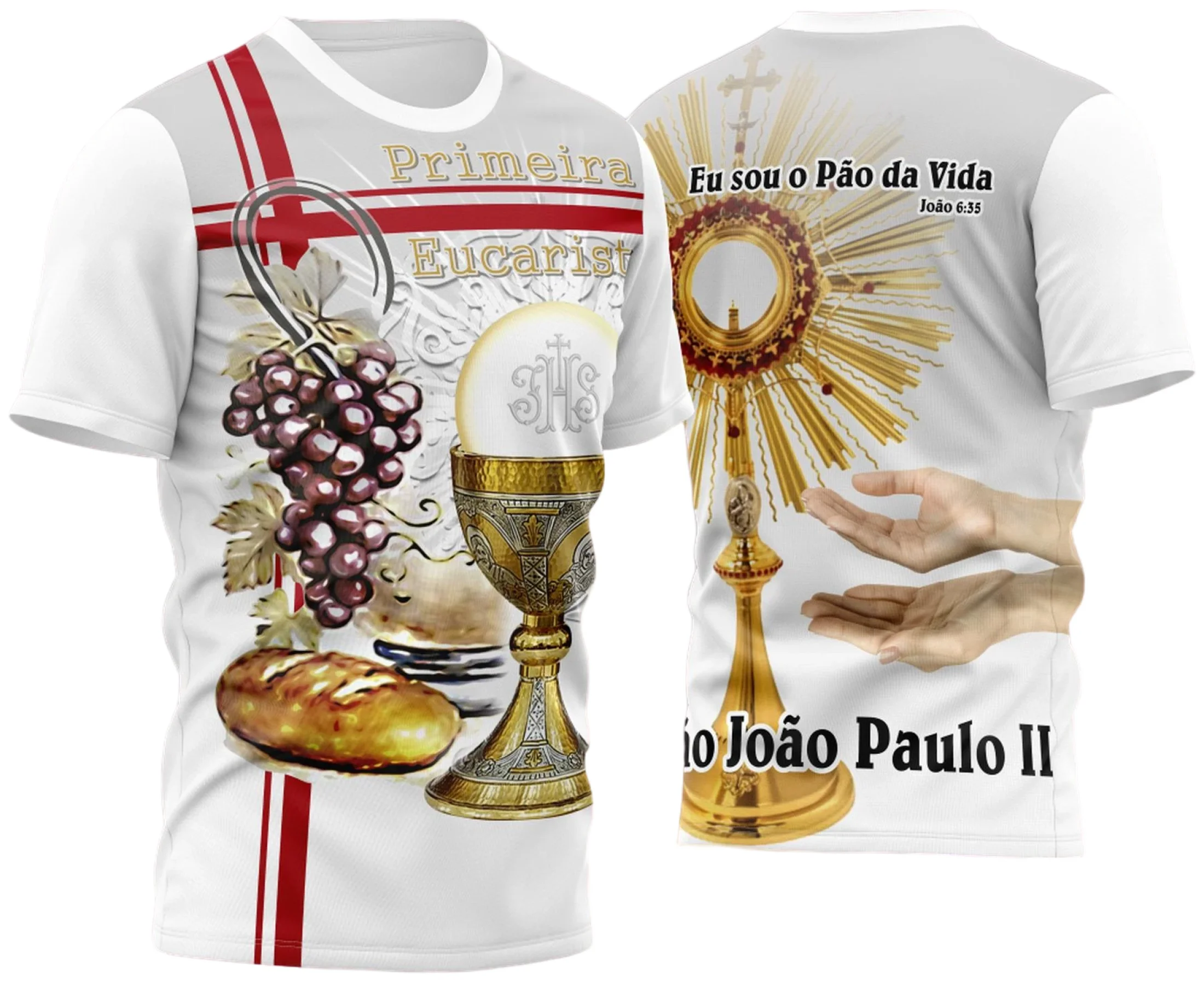 Camiseta unissex branca com logo no peito e estampa grande nas costas comemorando Primeira Eucaristia Primeira Comunhão 2023 Modelo 7, ideal para eventos religiosos e celebrações especiais.