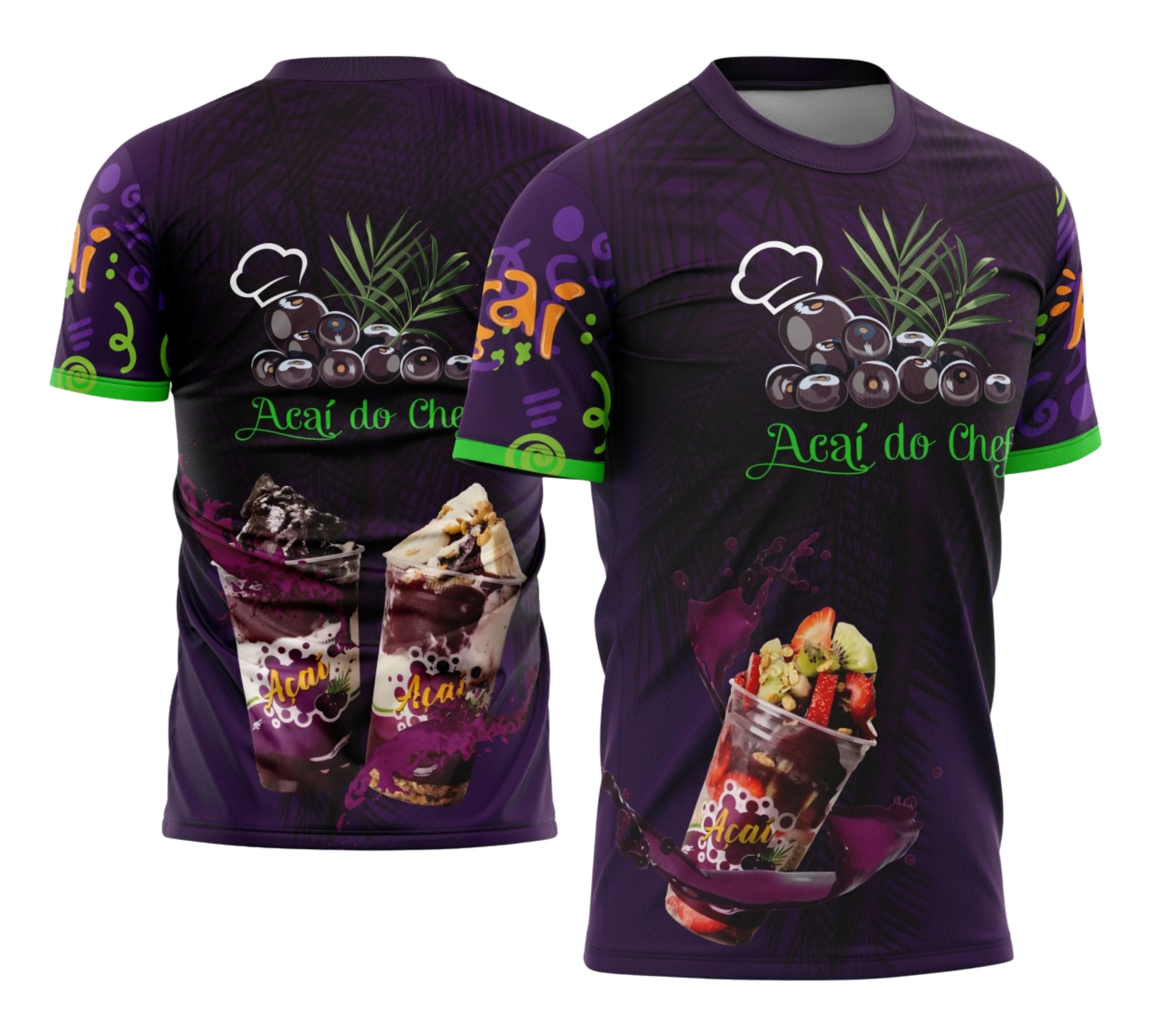 Camiseta unissex preta com logo no peito e estampa grande nas costas ilustrando Açaí com Frutas Profissão, design moderno e vibrante, perfeita para quem ama o estilo tropical e profissões ligadas à alimentação.