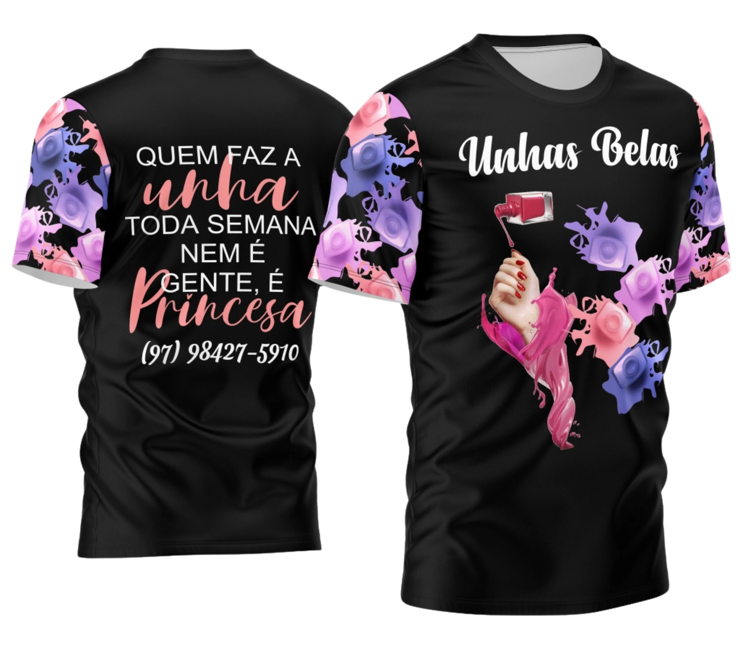 Camiseta unissex preta com logo no peito e estampa grande nas costas com tema de manicure profissional, perfeita para quem valoriza a profissão e quer estilo no dia a dia.