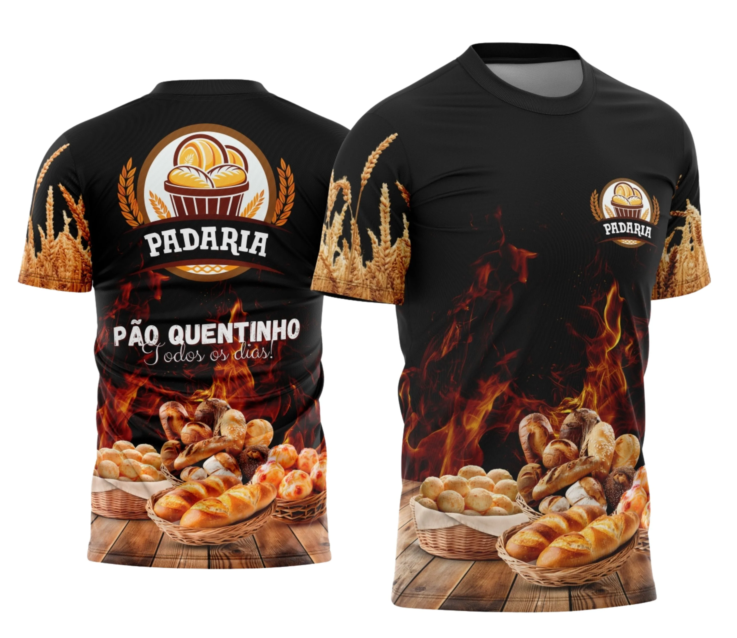 Camiseta unissex branca com logo no peito e estampa grande nas costas sobre o tema padaria e profissão, destacando elementos de confeitaria e pão artesanal, ideal para uso casual e trabalho.