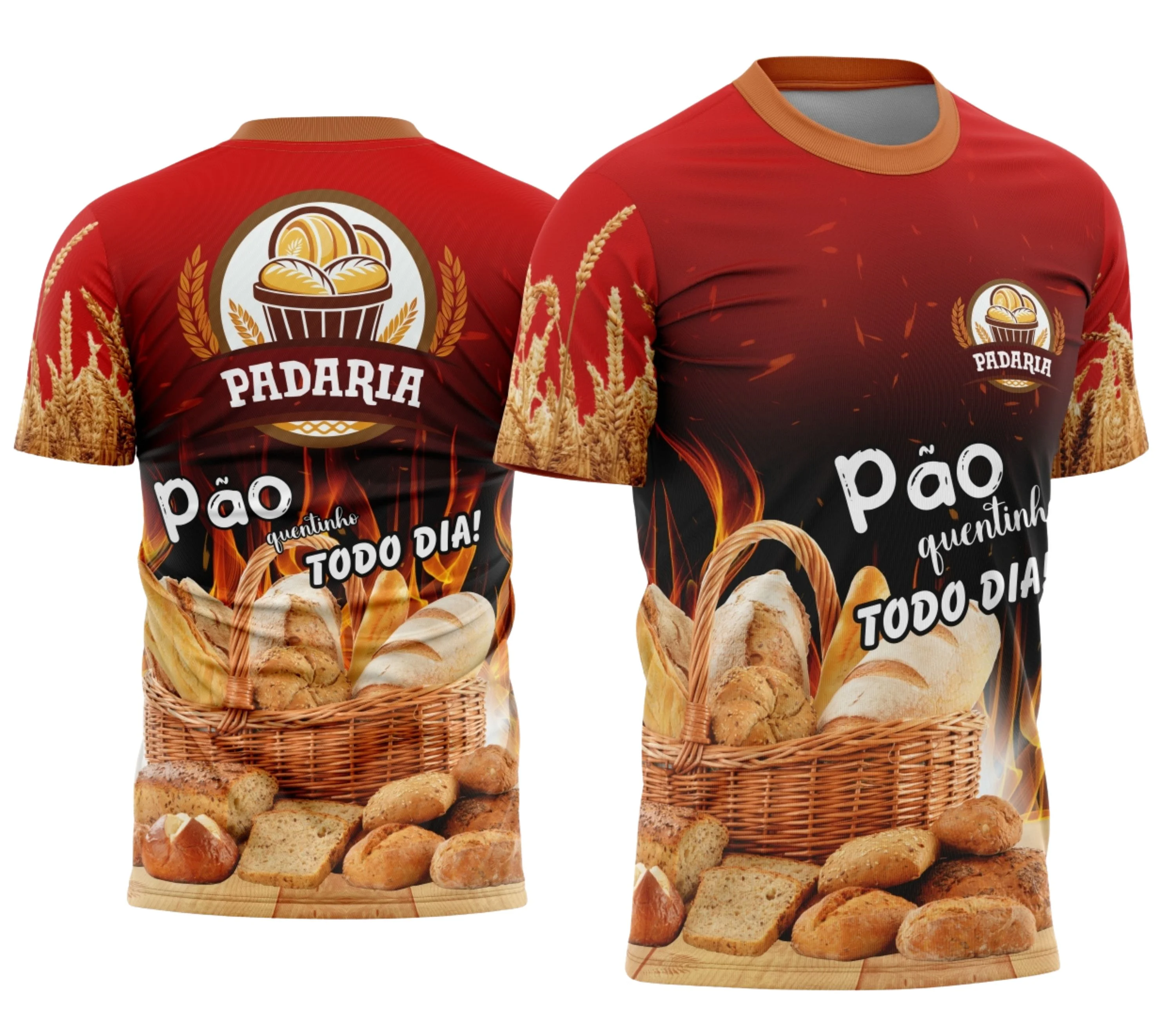 Camiseta unissex preta com logo no peito e estampa grande nas costas com design relacionado à profissão de padaria, destacando ferramentas e elementos clássicos do ofício.