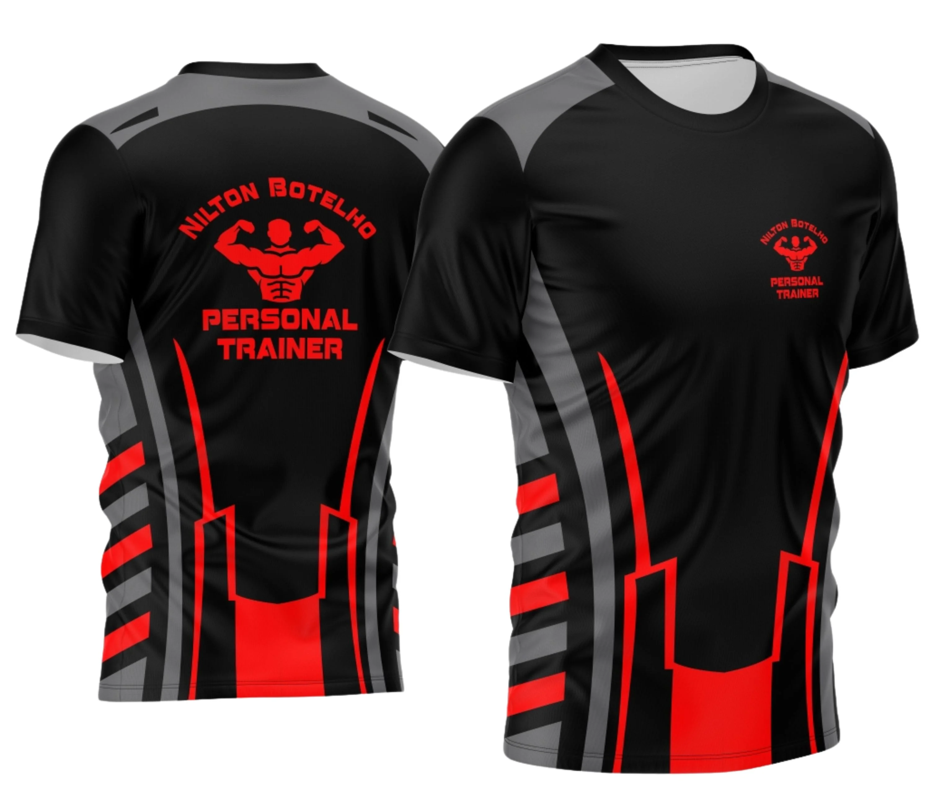 Camiseta unissex preta com logo no peito e estampa grande nas costas destacando a profissão Personal Trainer Academia, ideal para quem valoriza o estilo fitness e profissional.