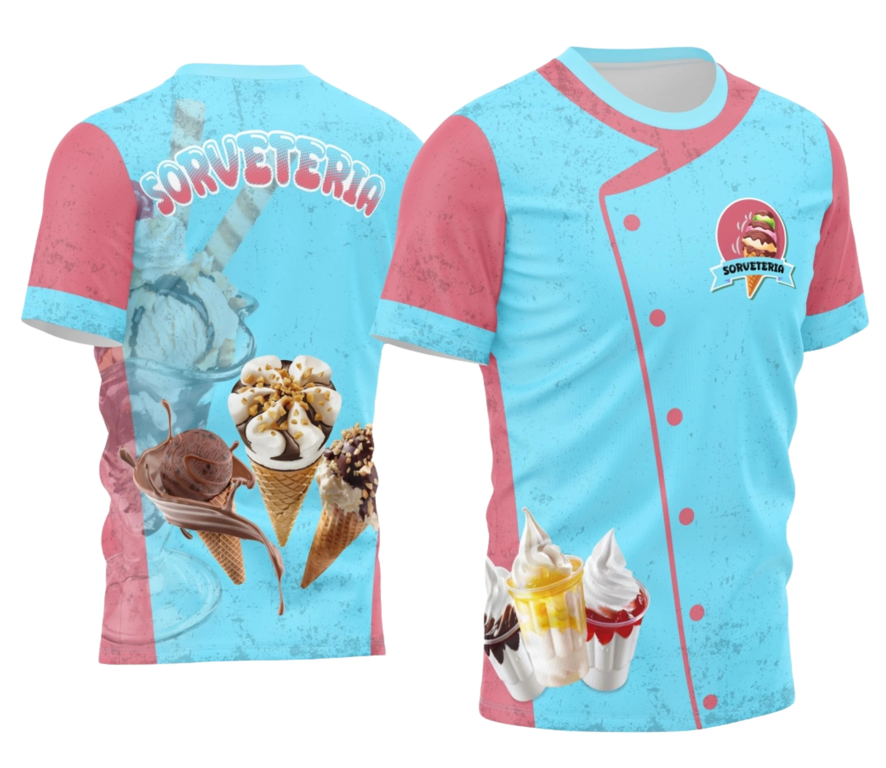 Camiseta unissex branca com logo no peito e estampa grande nas costas mostrando o tema Sorveteria Profissão em estilo vibrante e moderno, ideal para quem trabalha com sorvete.