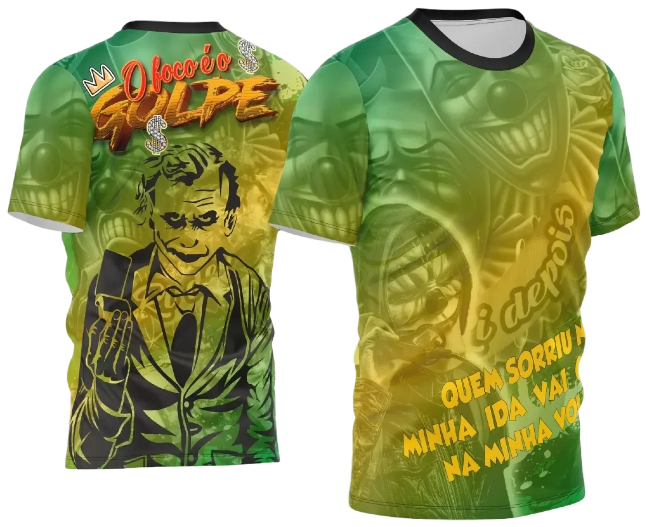 Camiseta unissex preta com logo no peito e estampa grande nas costas, tema Camisa Quebrada 2024, design moderno e visual marcante.