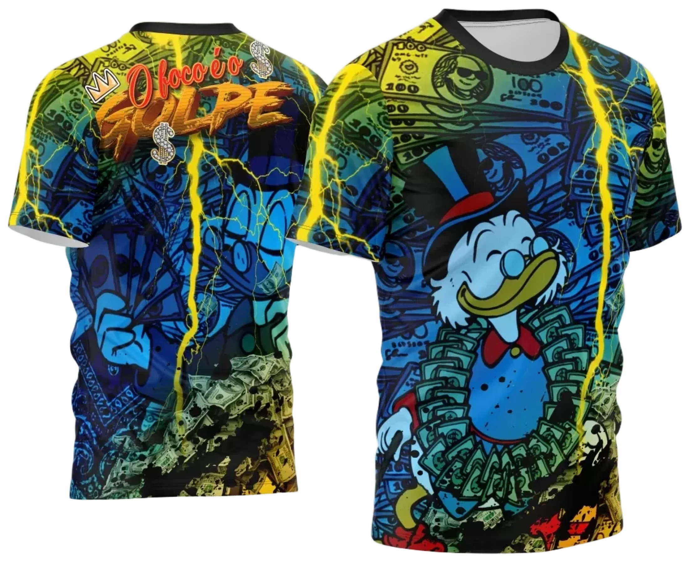 Camiseta unissex preta com logo no peito e estampa grande nas costas baseada no tema Camisa Quebrada 2024, estilo moderno e urbano, ideal para quem busca um visual impactante e contemporâneo.