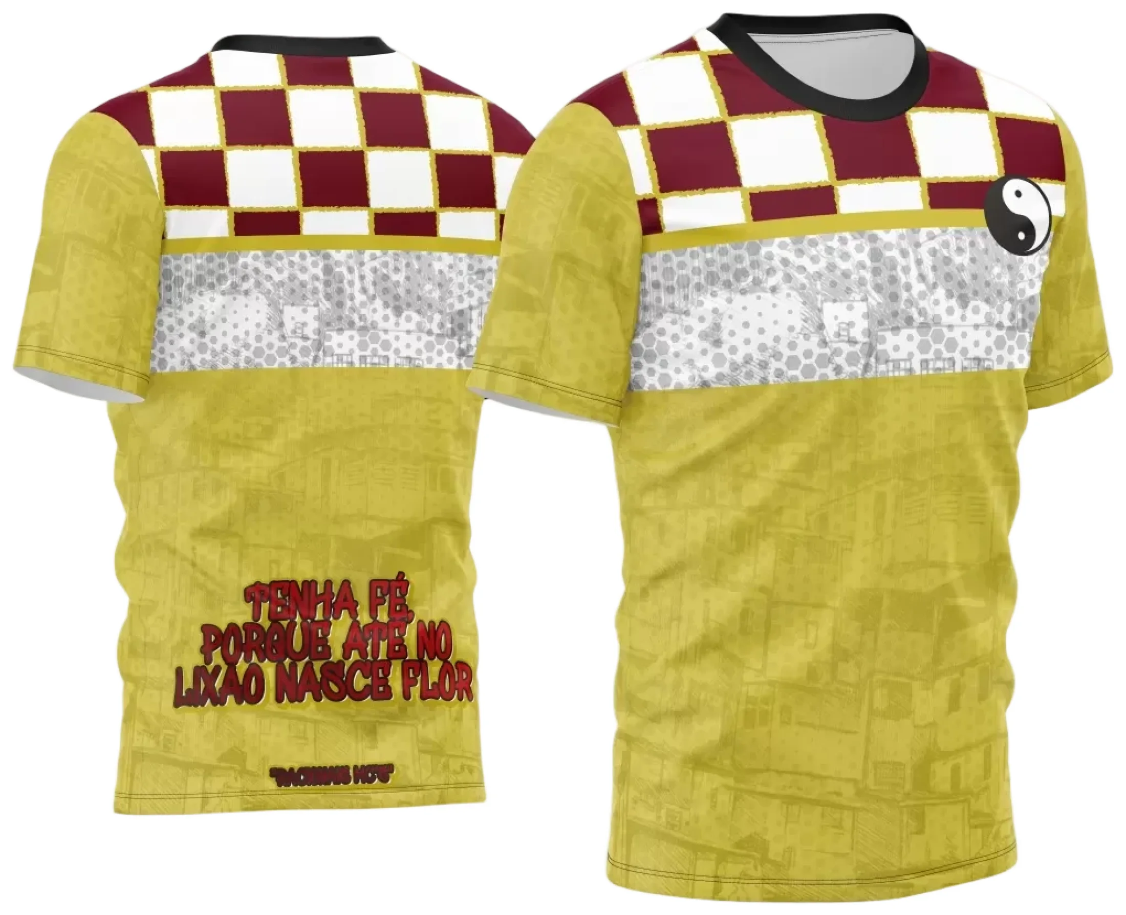 Foto de camiseta unissex preta com logo no peito e estampa grande nas costas sobre o tema Camisa Quebrada 2024, estilo moderno e casual.