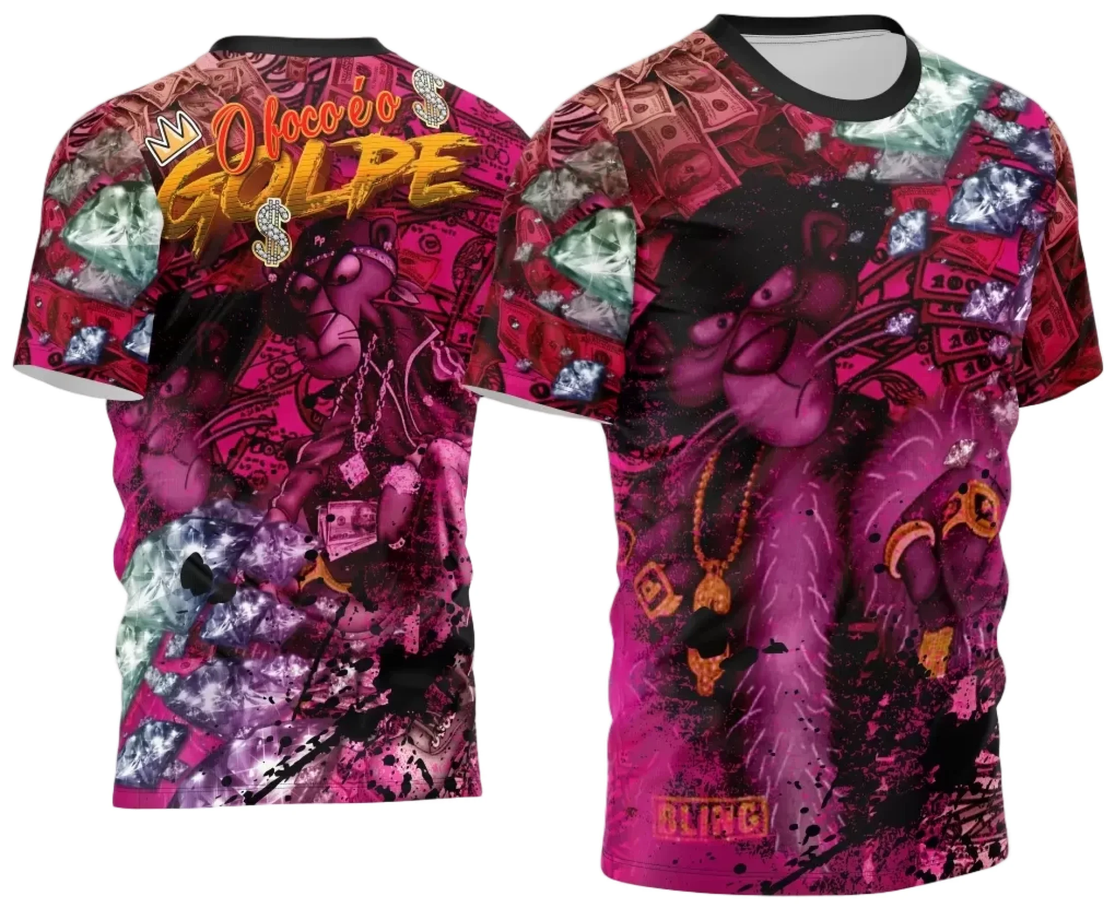 Camiseta unissex preta com logo no peito e estampa grande nas costas, mostrando o tema Camisa Quebrada 2024 com visual moderno e ousado.