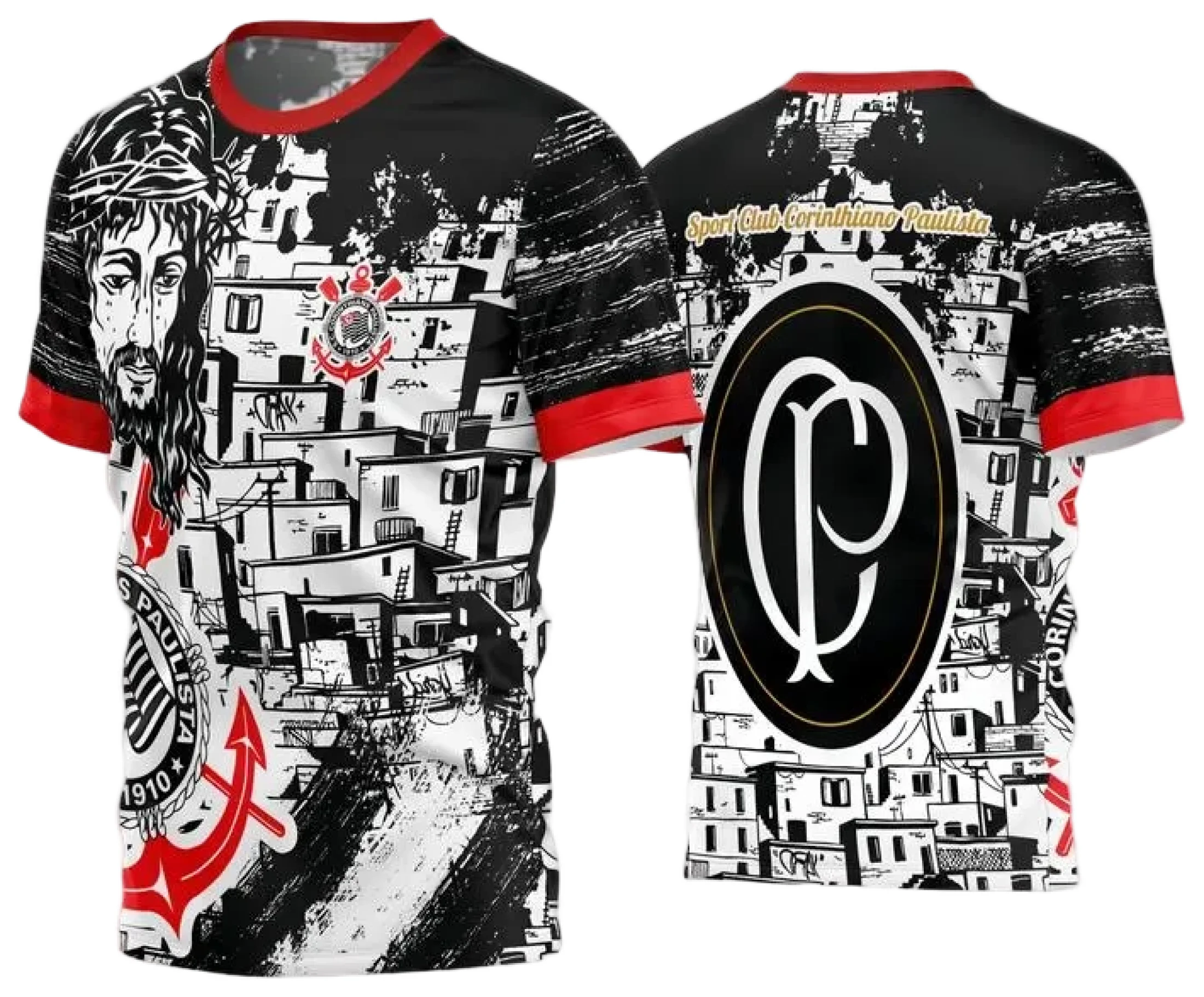 Camiseta unissex preta com logo no peito e estampa grande nas costas do tema Quebrada 2024, destaque para design marcante e visual moderno.