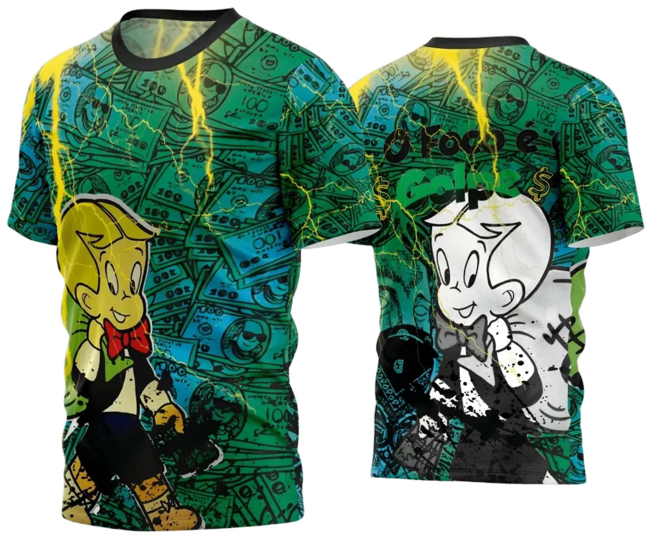 Camiseta unissex preta com logo no peito e estampa grande nas costas com tema Camisa Quebrada 2024, perfeita para quem curte estilo moderno e marcante.