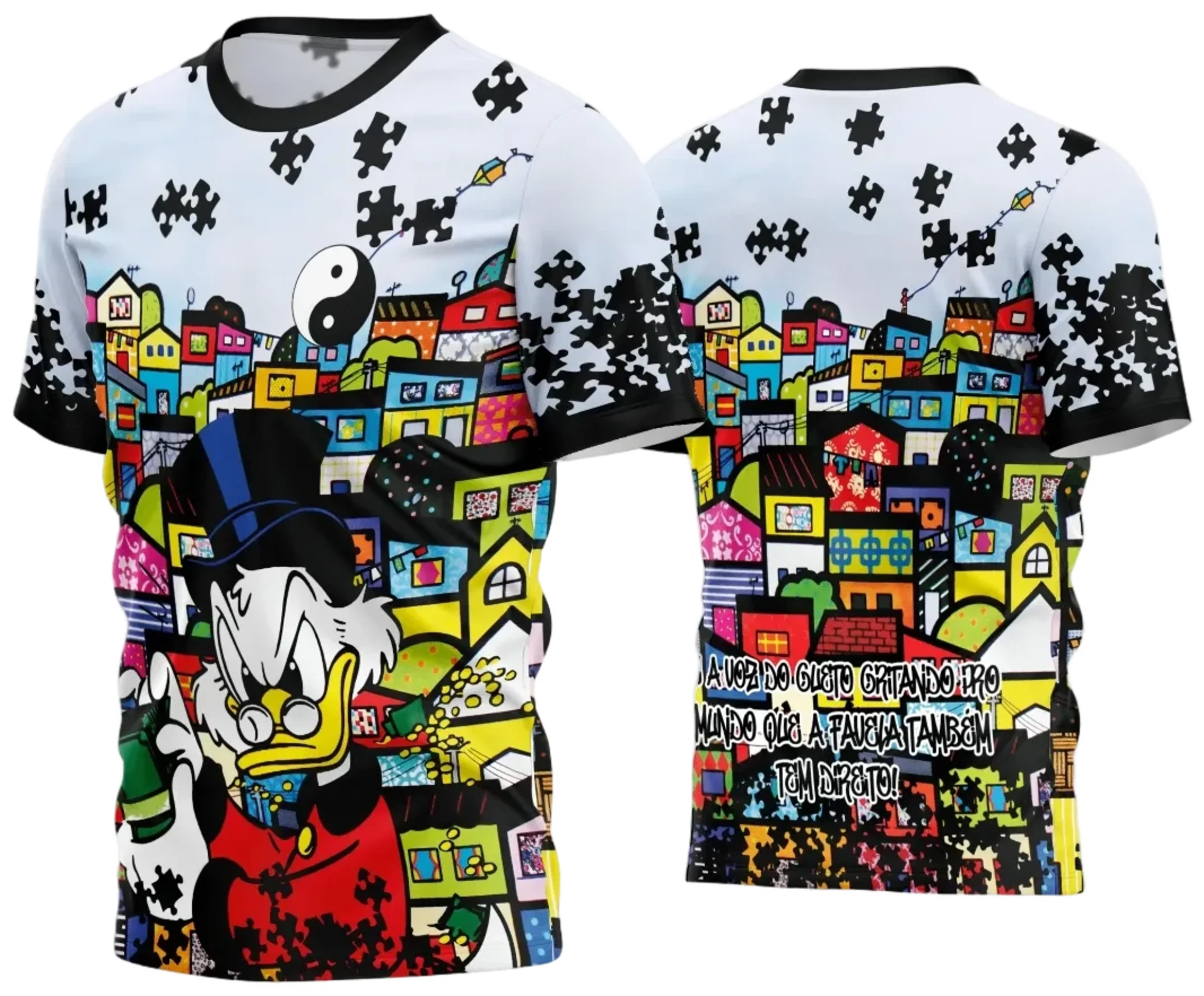 Camiseta unissex preta com logo no peito e estampa grande nas costas com tema Quebrada 2024, estilo urbano e moderno, ideal para looks descontraídos e descolados.