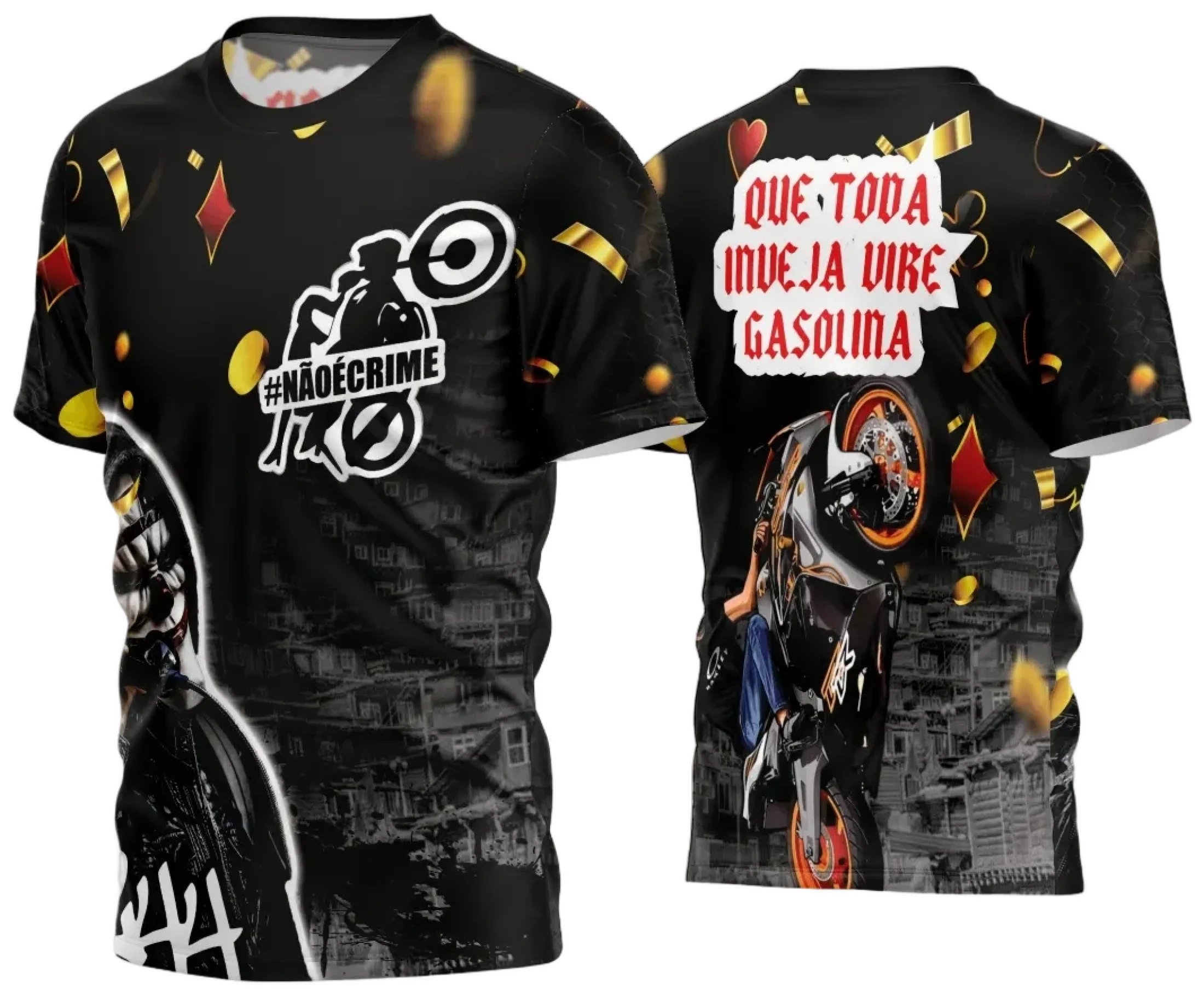 Camiseta unissex preta com logo no peito e estampa grande nas costas com design quebrado e moderno inspirado em Camisa Quebrada 2024, ideal para estilo urbano e casual.
