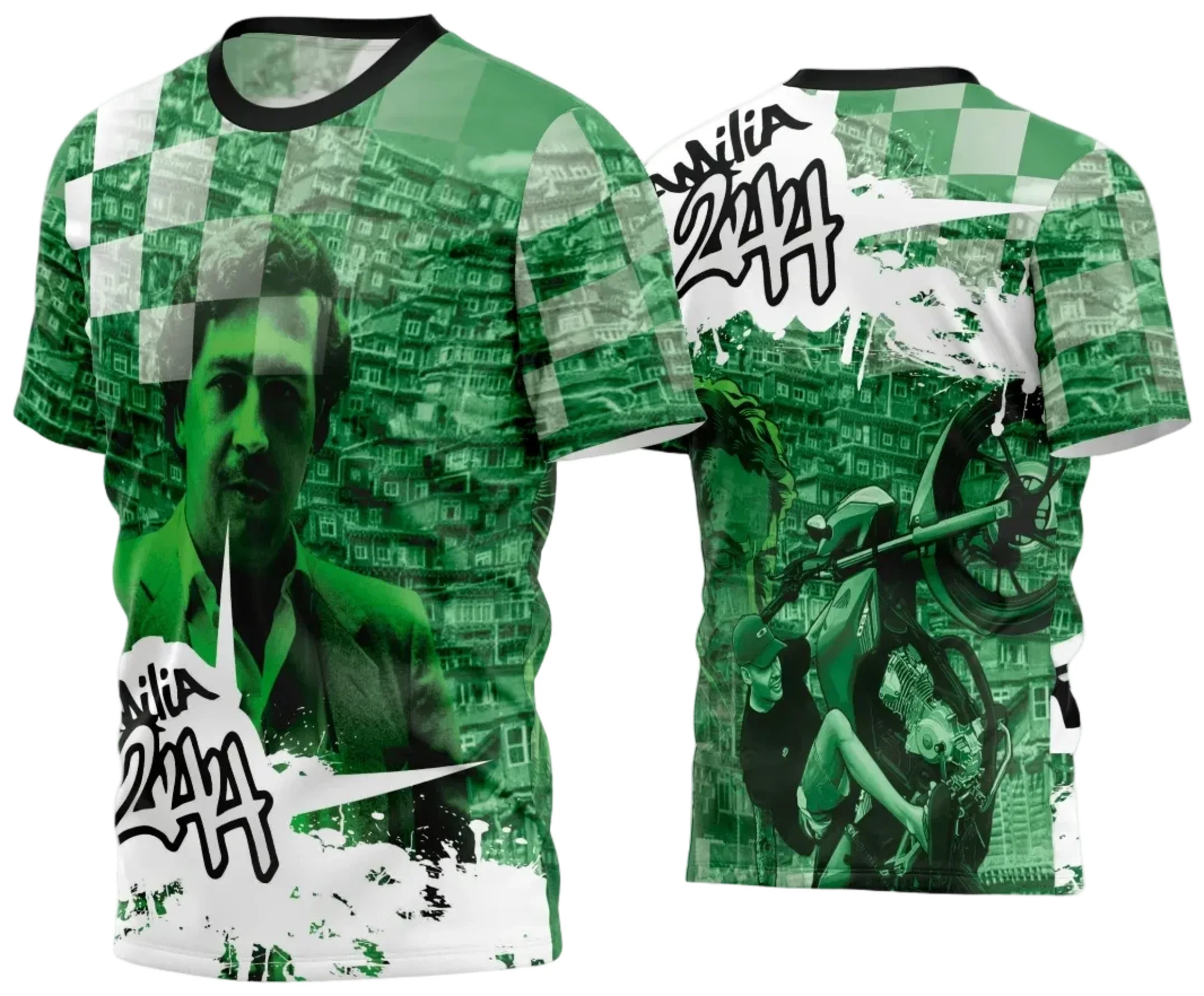 Camiseta unissex preta com logo no peito e estampa grande nas costas com tema Camisa Quebrada 2024, ideal para quem quer estilo marcante e moderno.